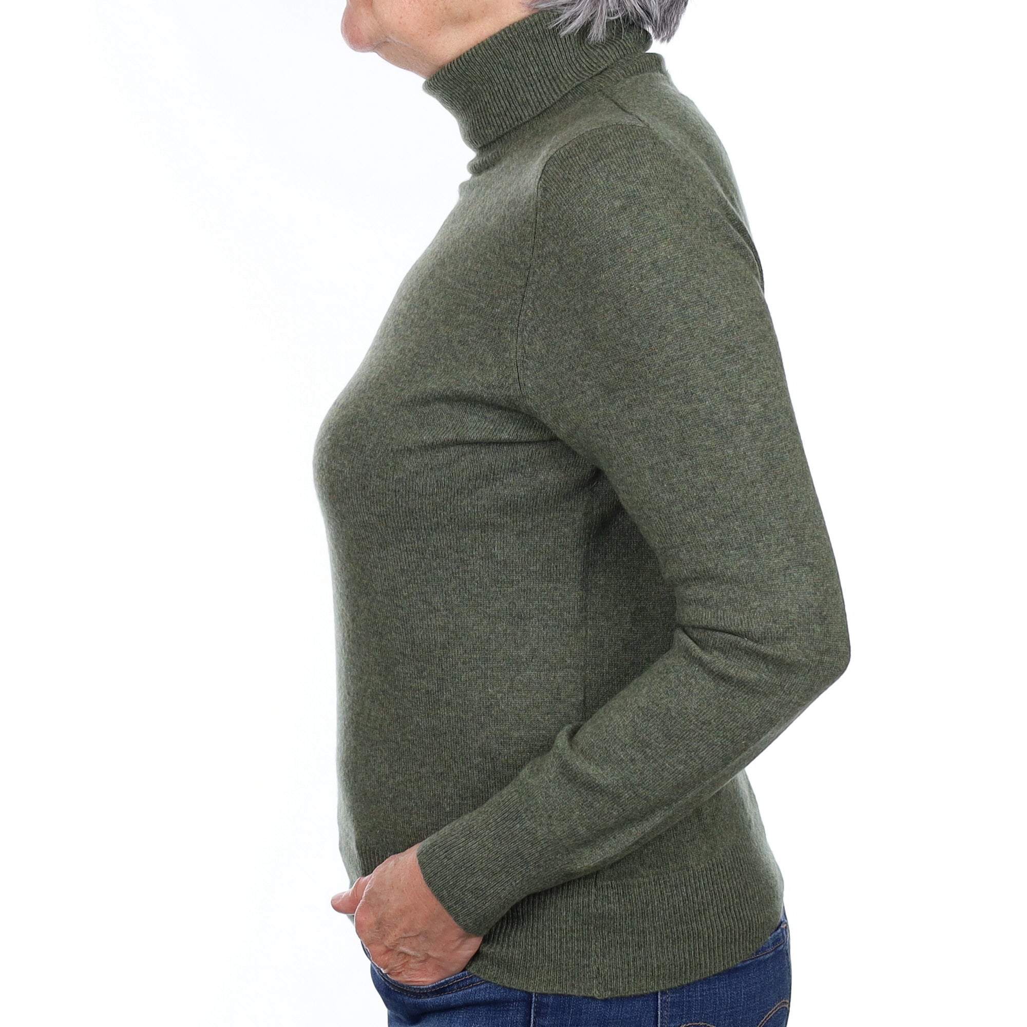 Khaki Green Cashmere Polo Neck Jumper Medium