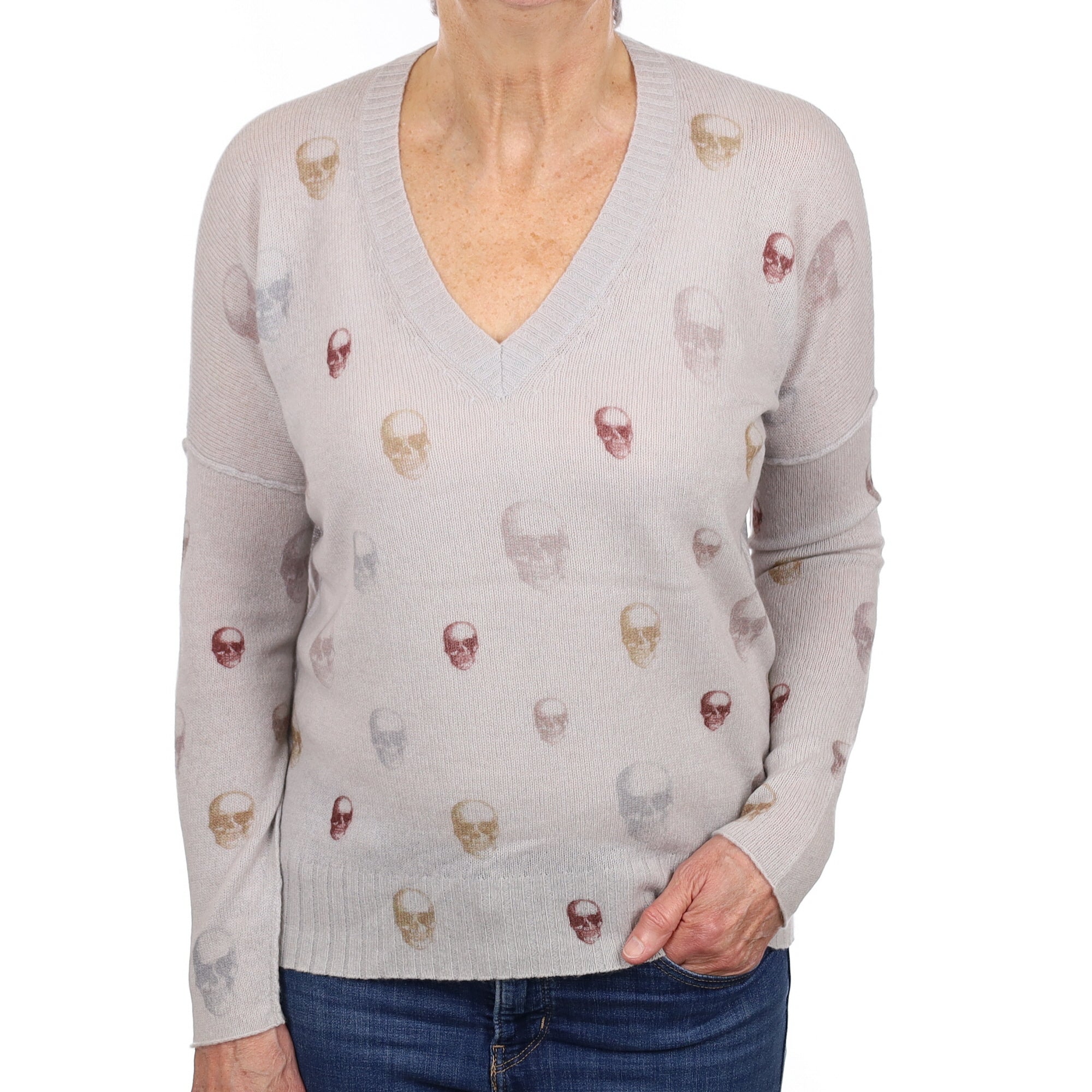Skull Cashmere Dove Grey Lightweight V Neck Jumper Medium