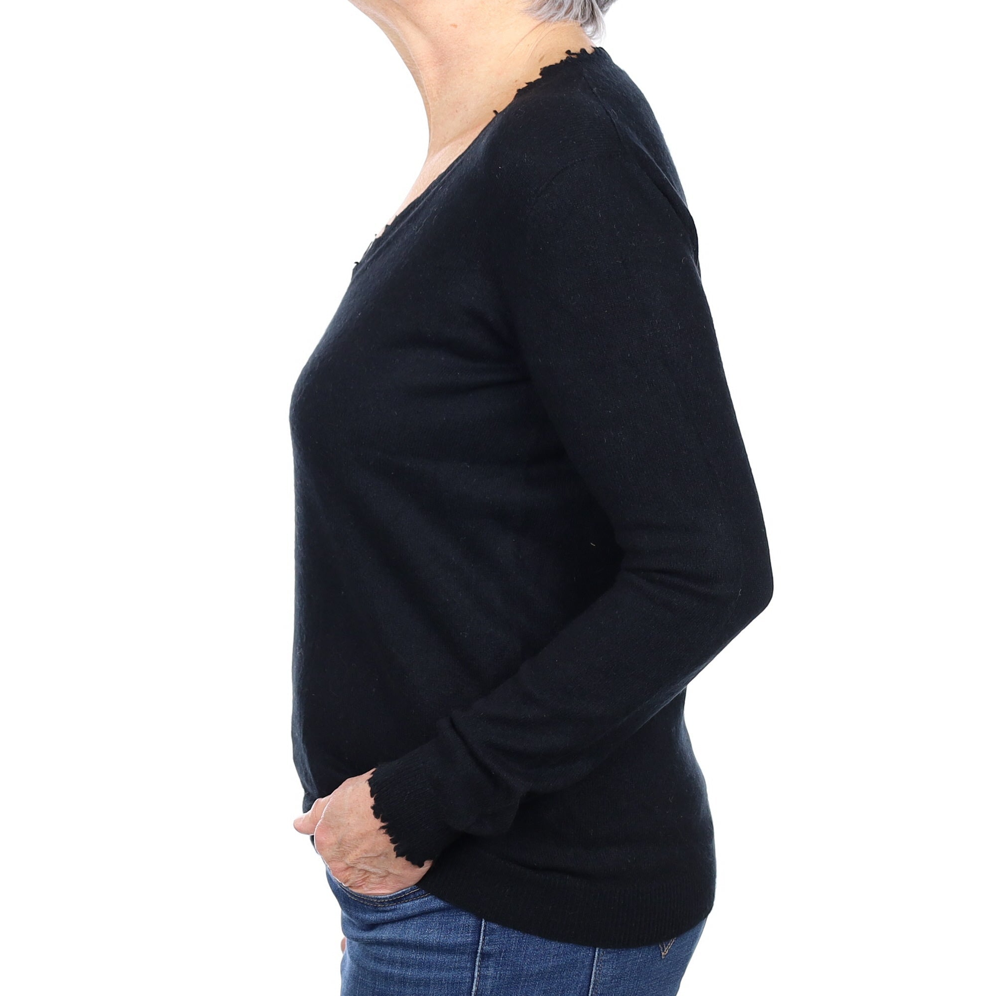 Black Cashmere Distressed V Neck Jumper Medium