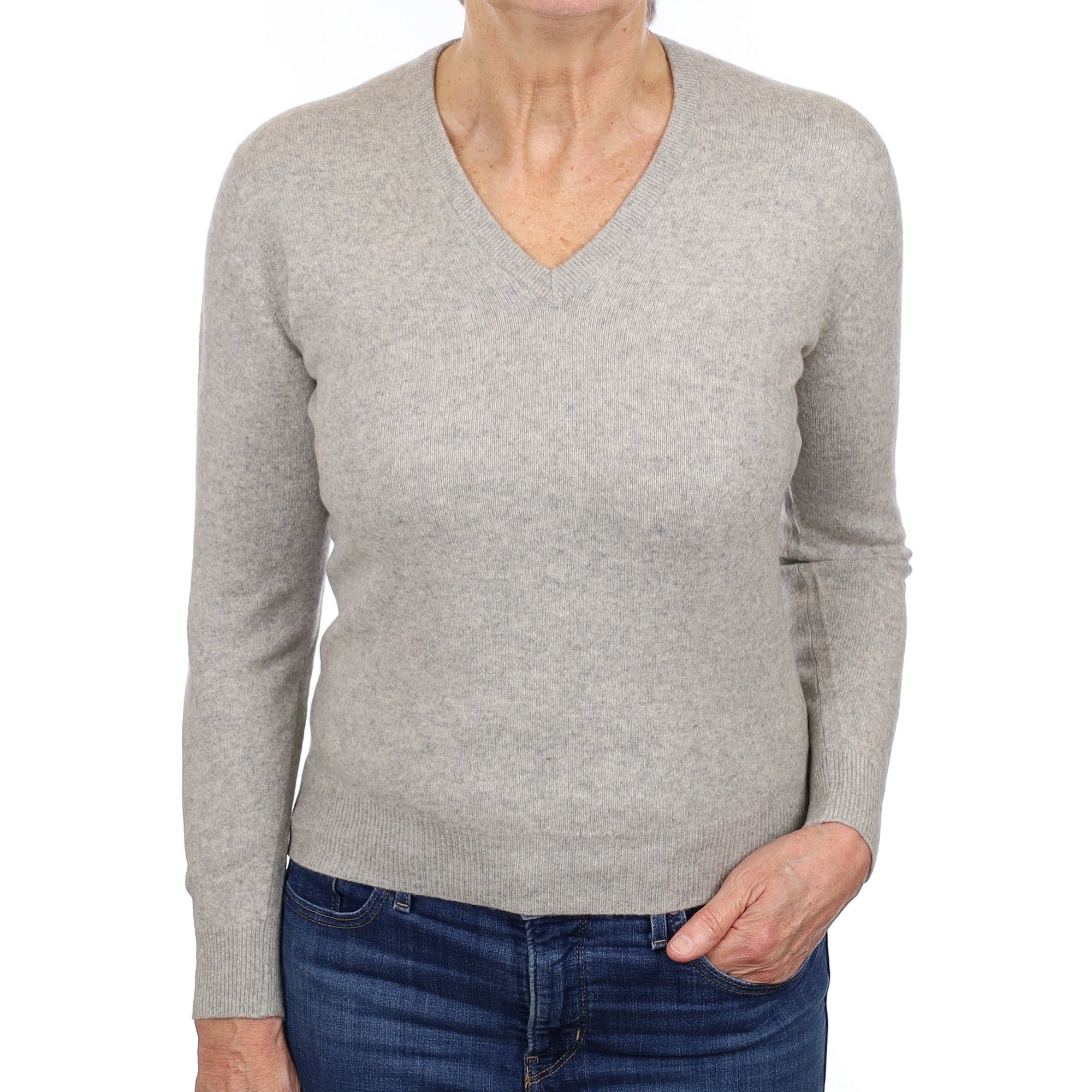 Scottish Mist Grey Cashmere V Neck Jumper Medium