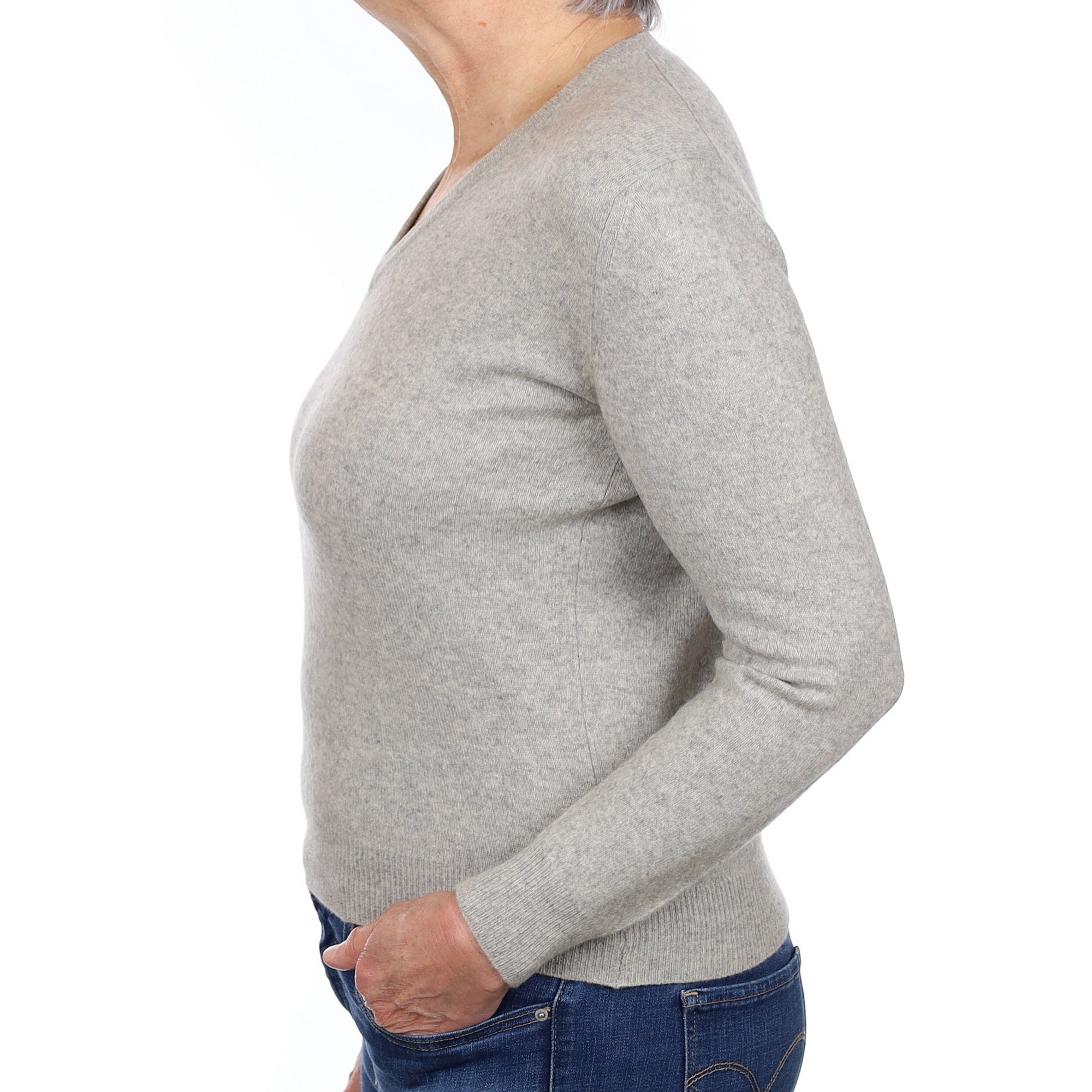 Scottish Mist Grey Cashmere V Neck Jumper Medium