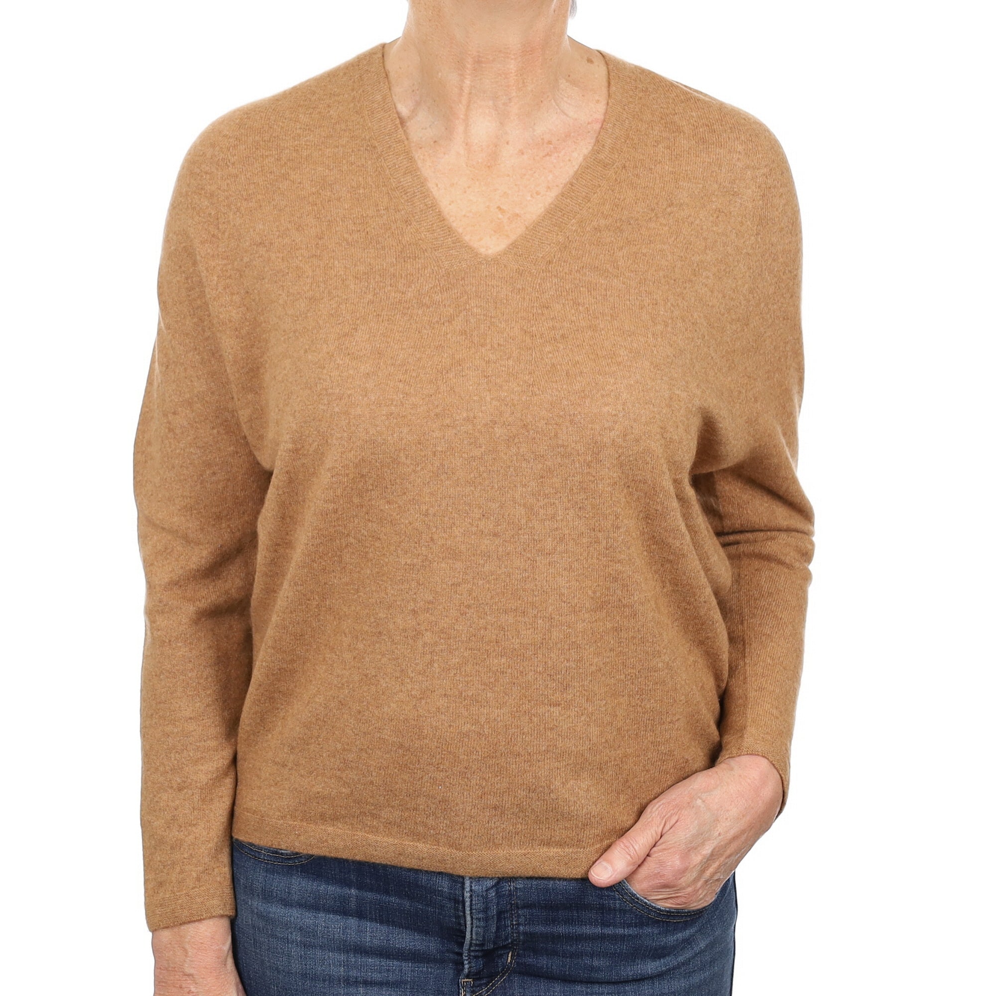 Butterscotch Brown Cashmere Batwing V Neck Jumper Medium