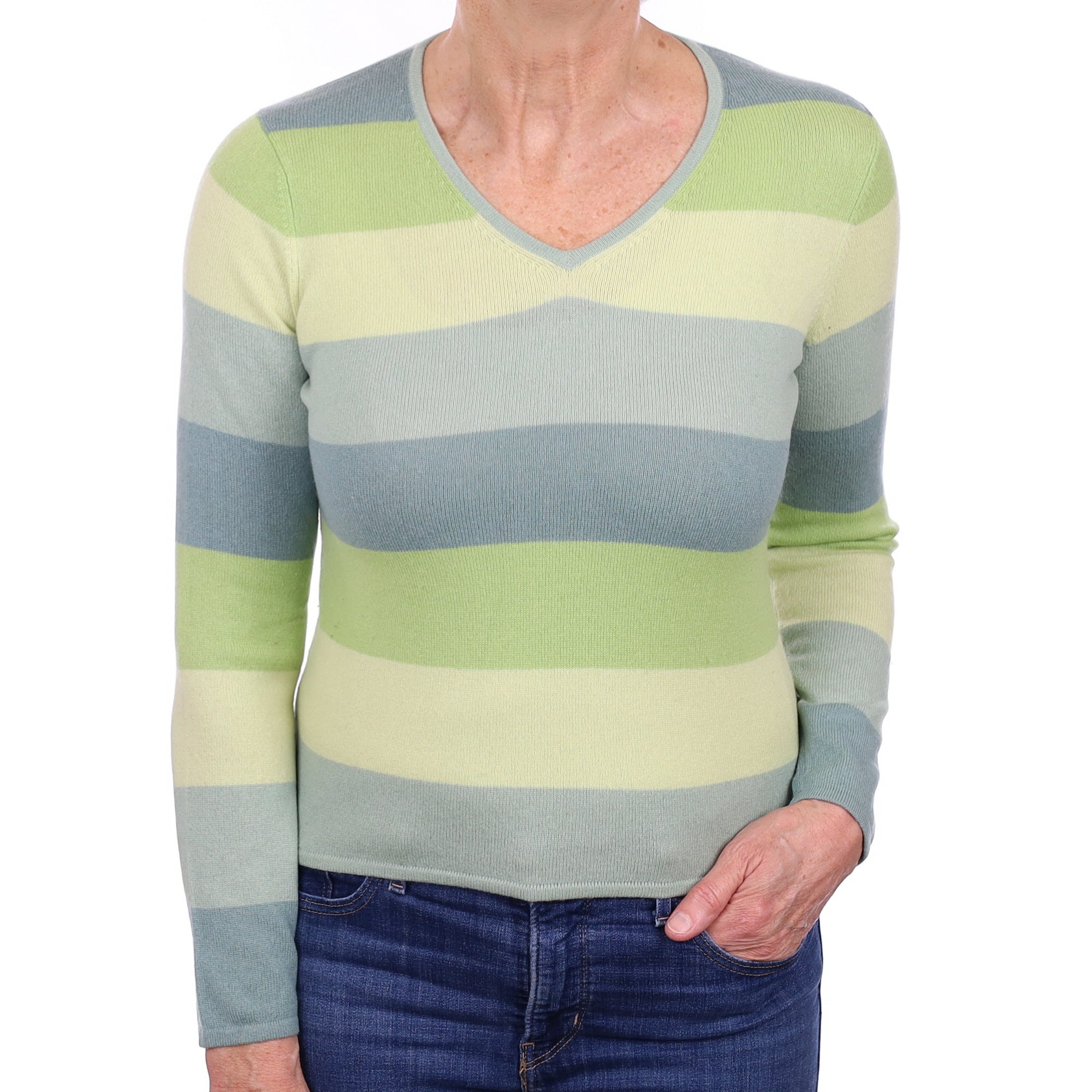 Green Stripe Cashmere V Neck Jumper Medium