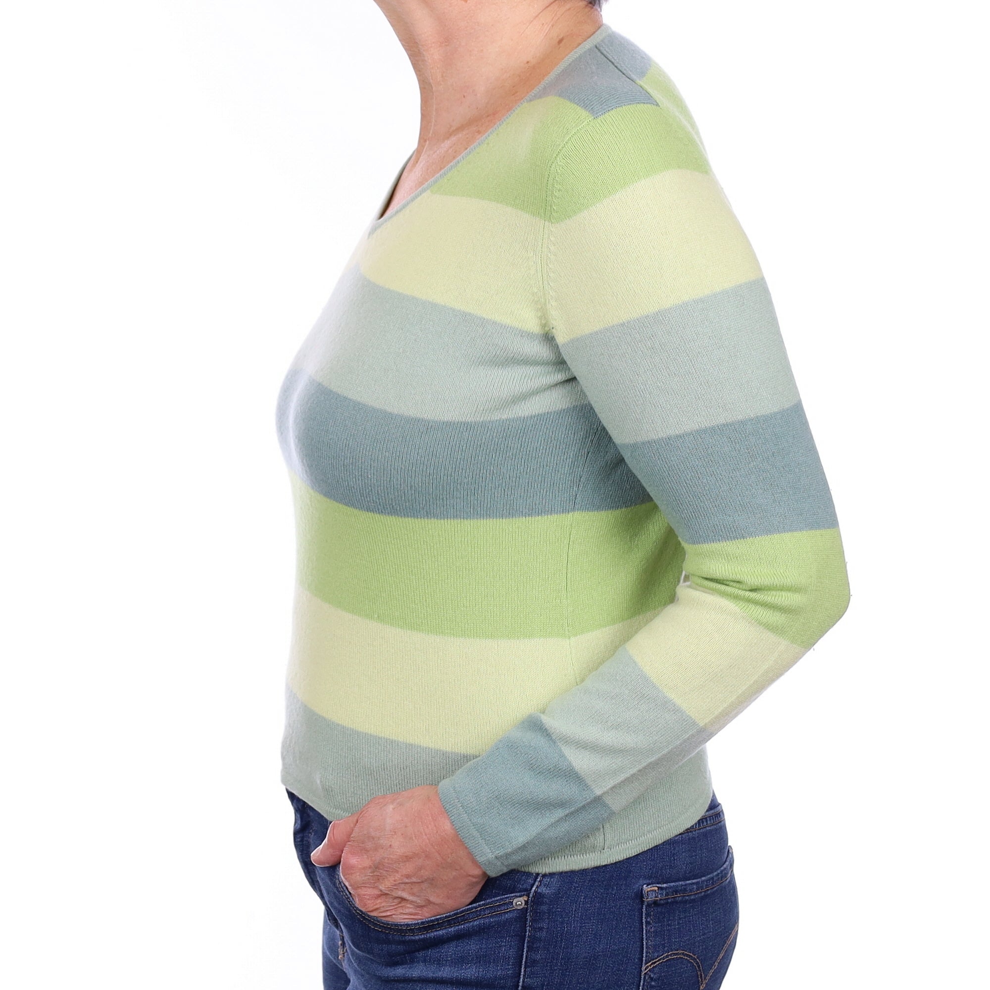 Green Stripe Cashmere V Neck Jumper Medium