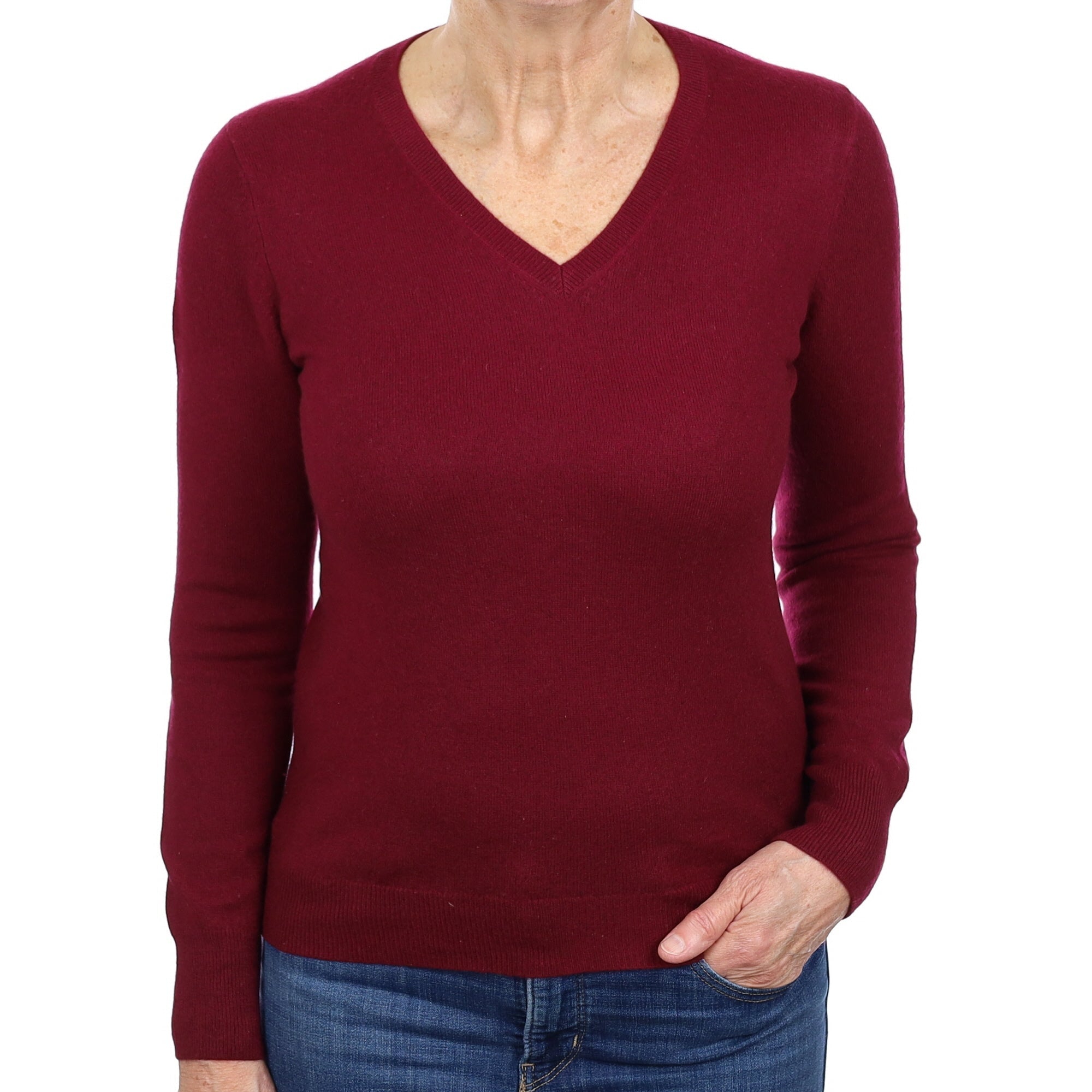 Wine Red Cashmere V Neck Jumper Medium