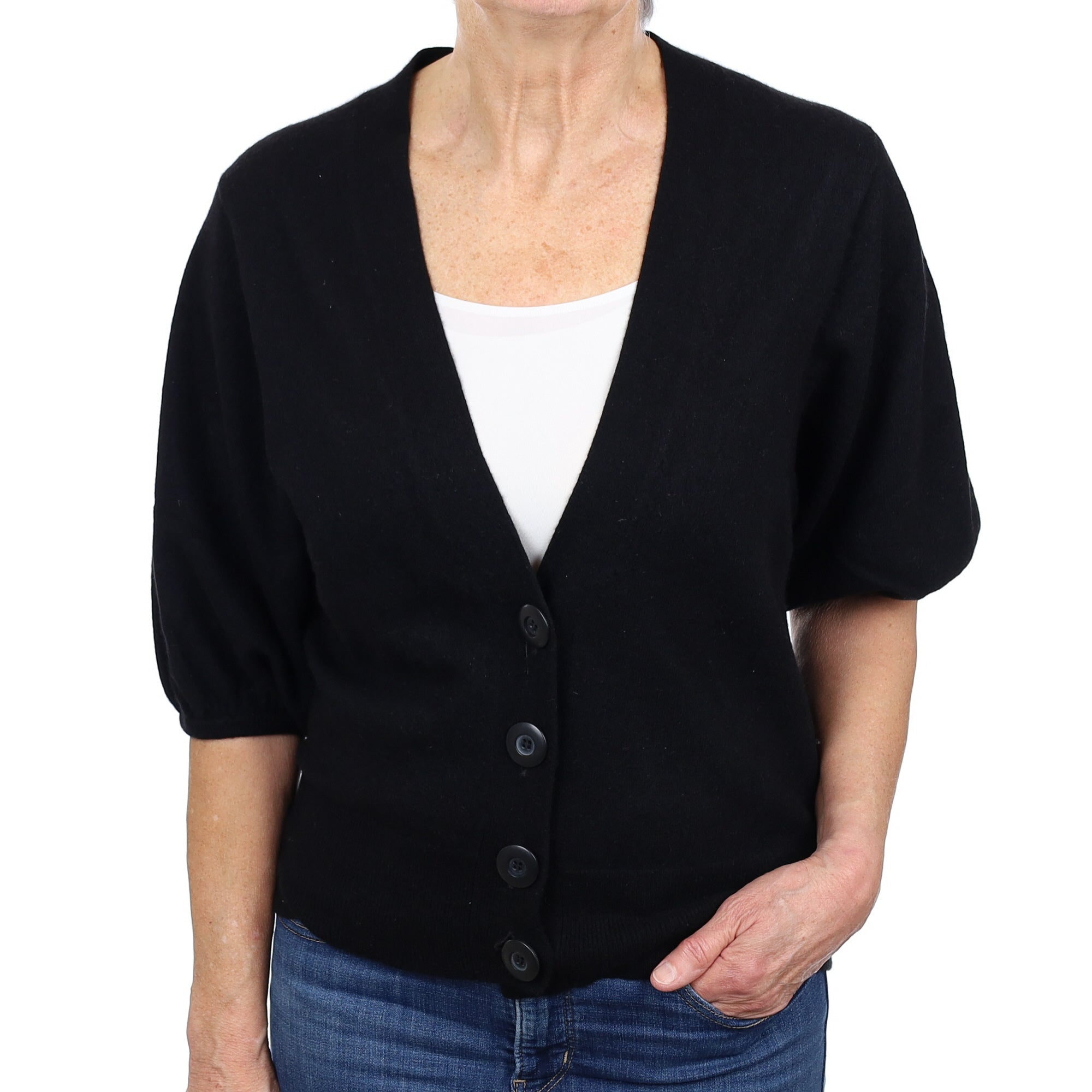 Black Cashmere Wide Sleeve V Neck Cardigan Medium