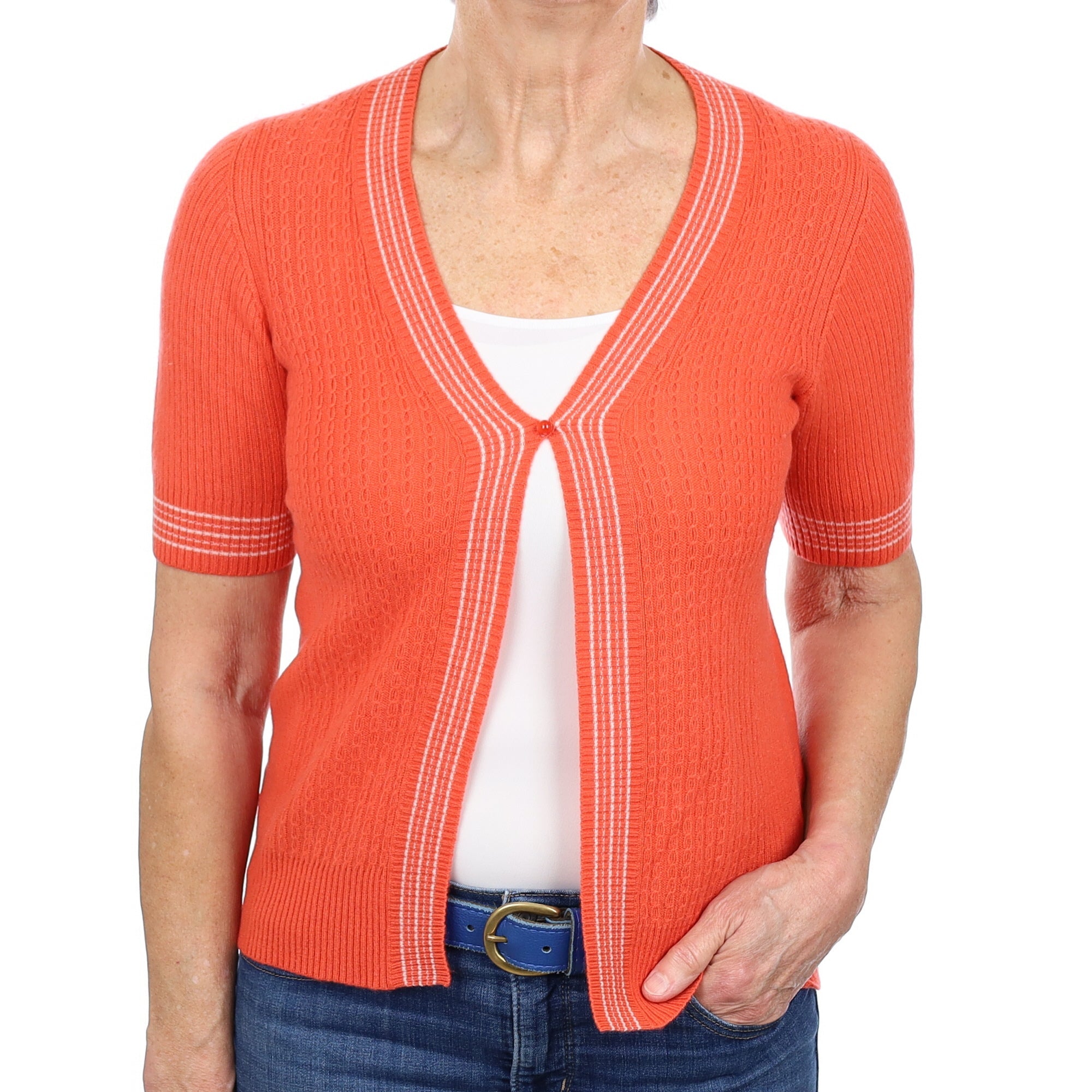 Sunset Orange Rib Cashmere Short Sleeved Cardigan Medium