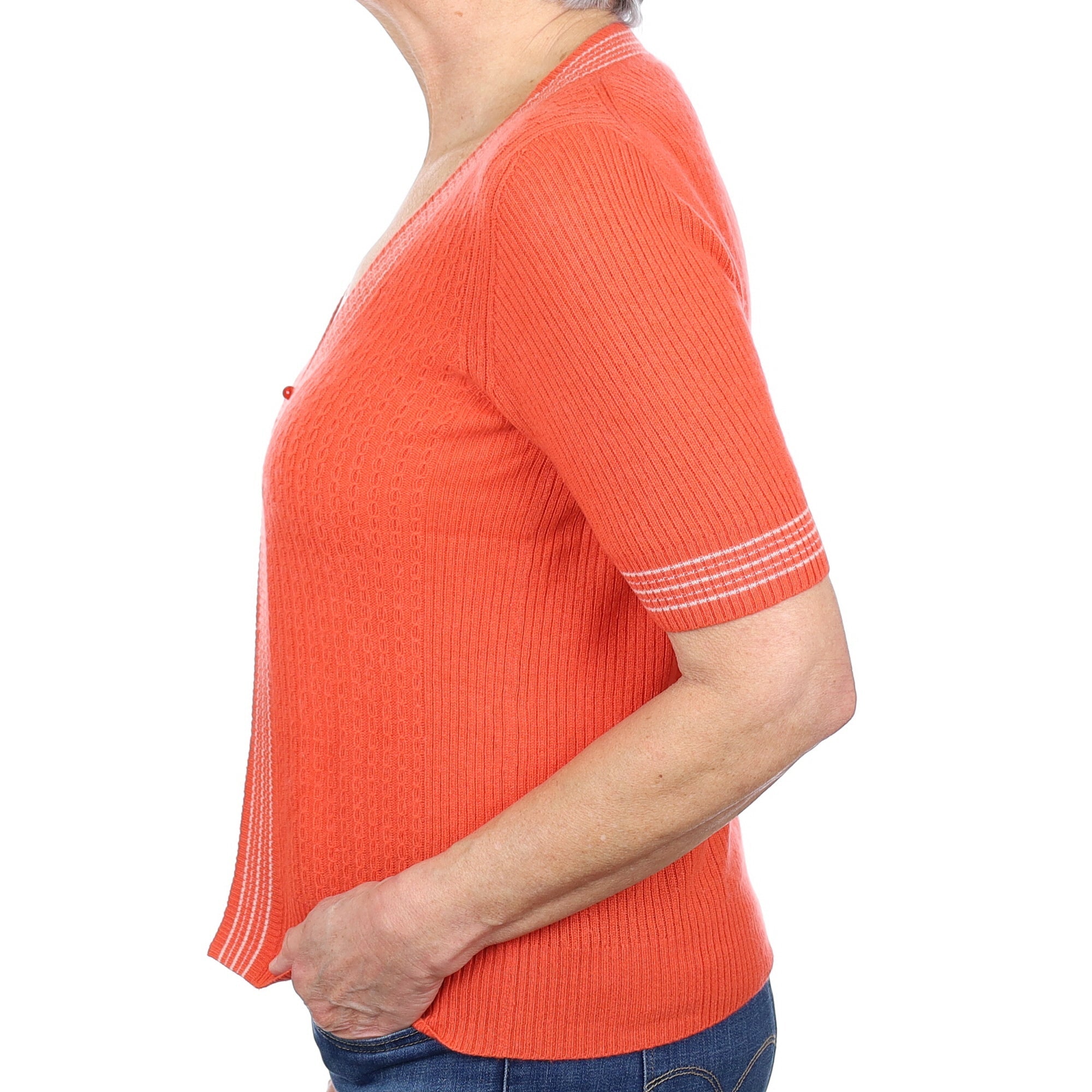 Sunset Orange Rib Cashmere Short Sleeved Cardigan Medium