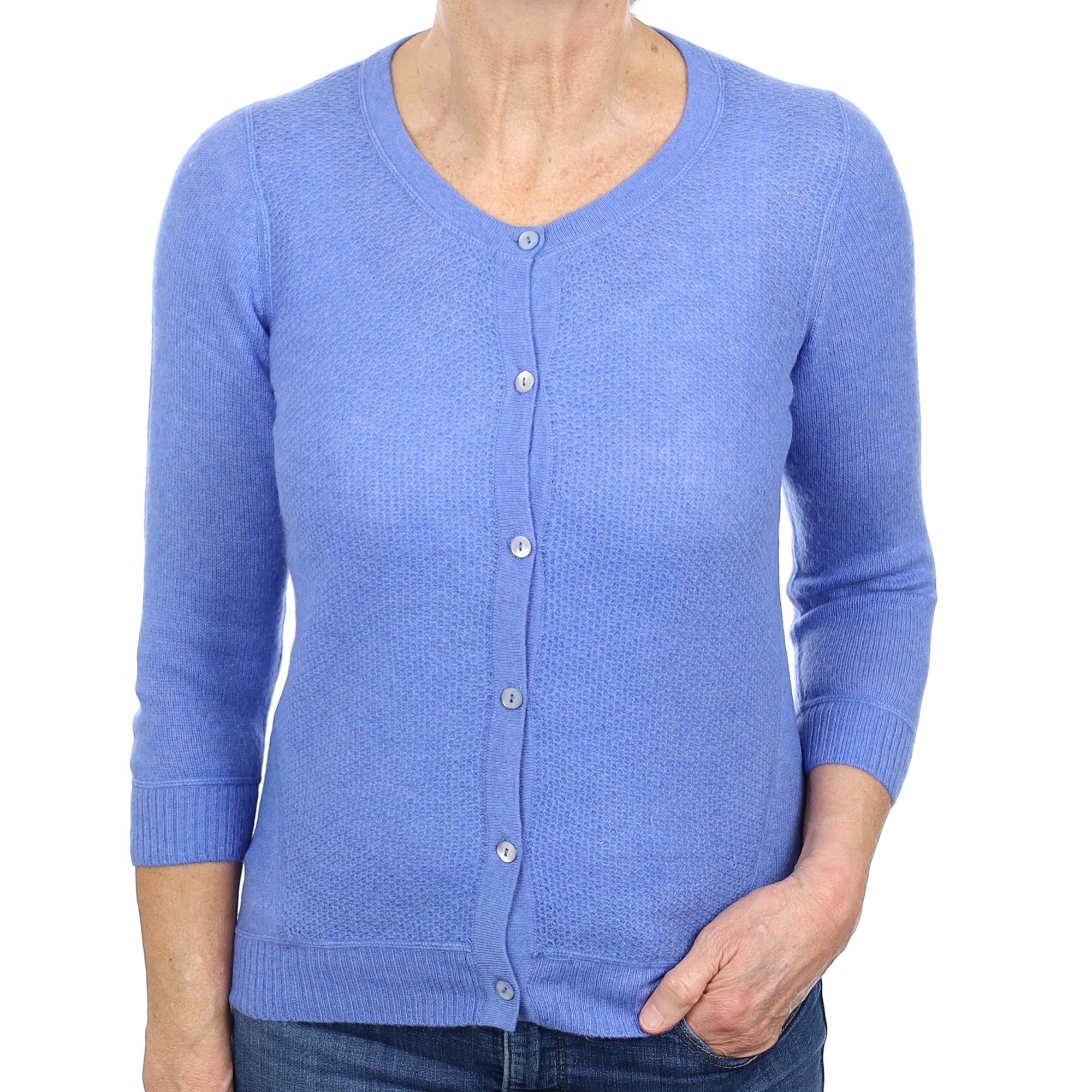 Cornflower Blue Textured Front Cashmere Crew Neck Cardigan Medium
