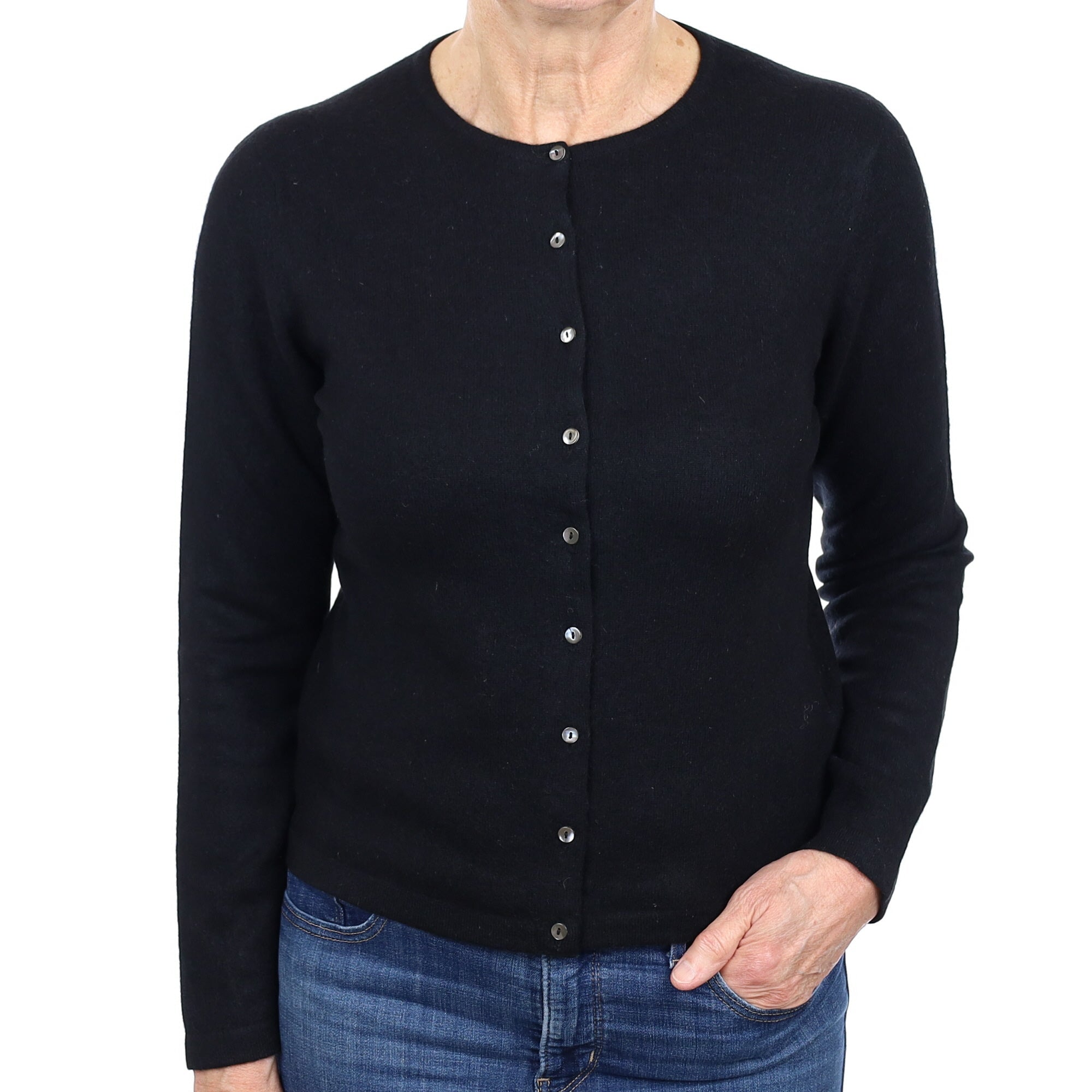 Black Cashmere Crew Neck Cardigan Medium