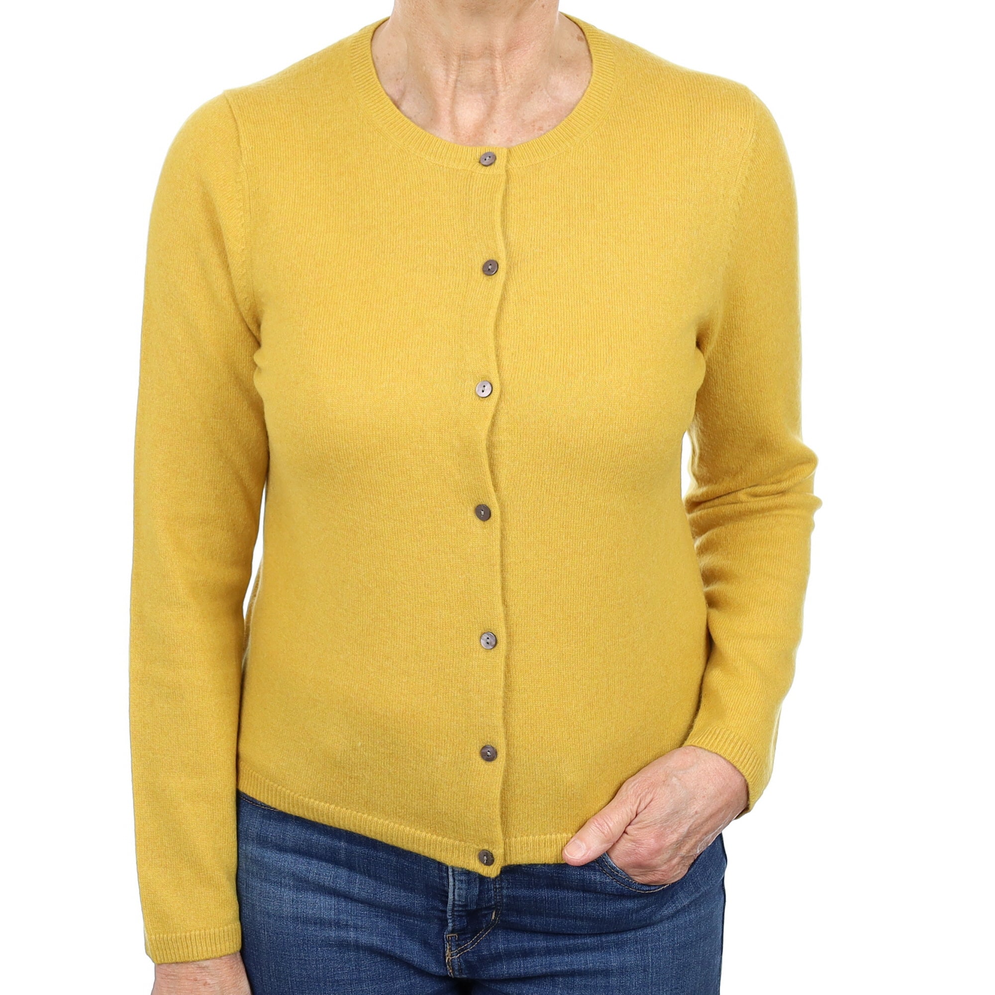 Mustard Yellow Cashmere Crew Neck Cardigan Medium