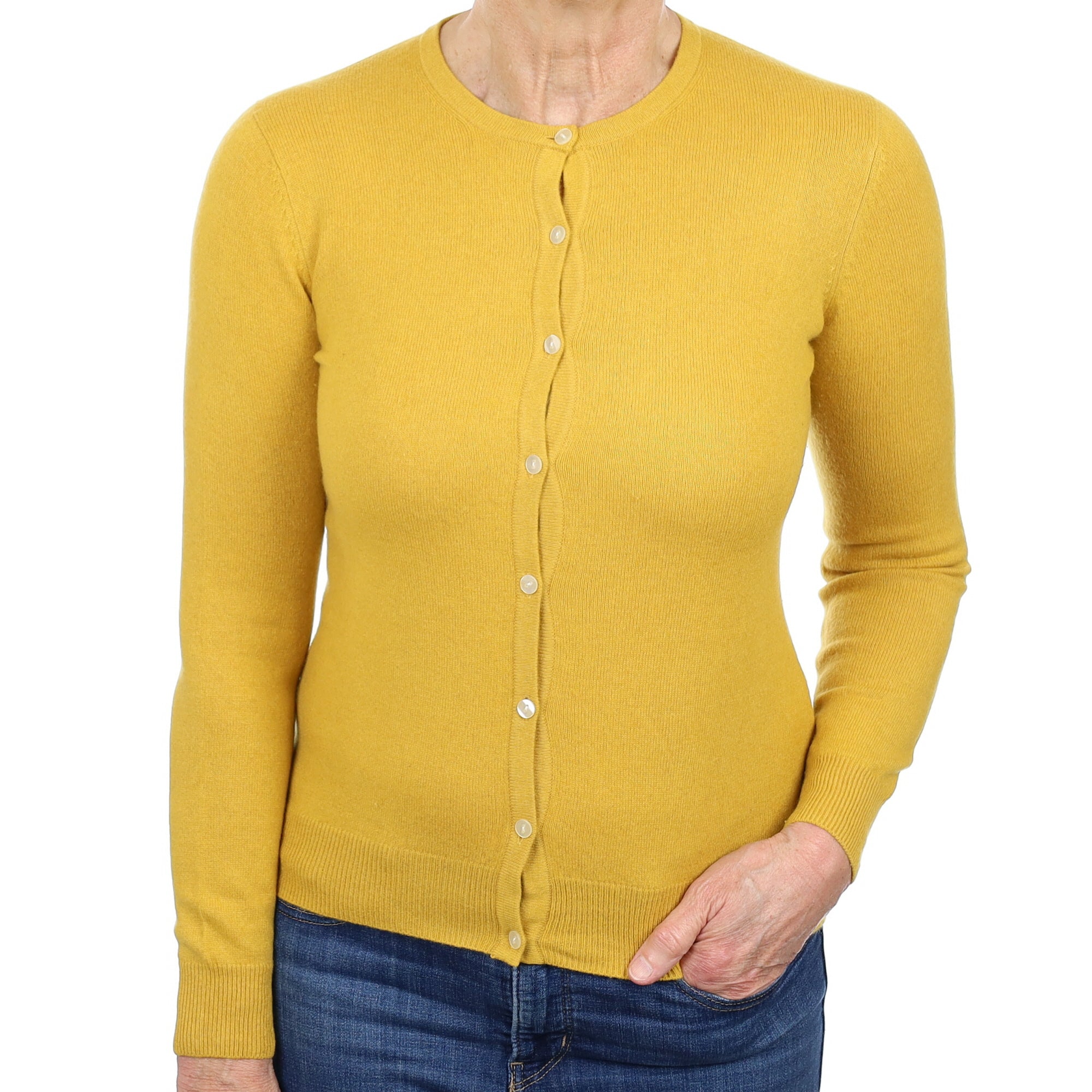 Deep Mustard Yellow Cashmere Crew Neck Cardigan Medium