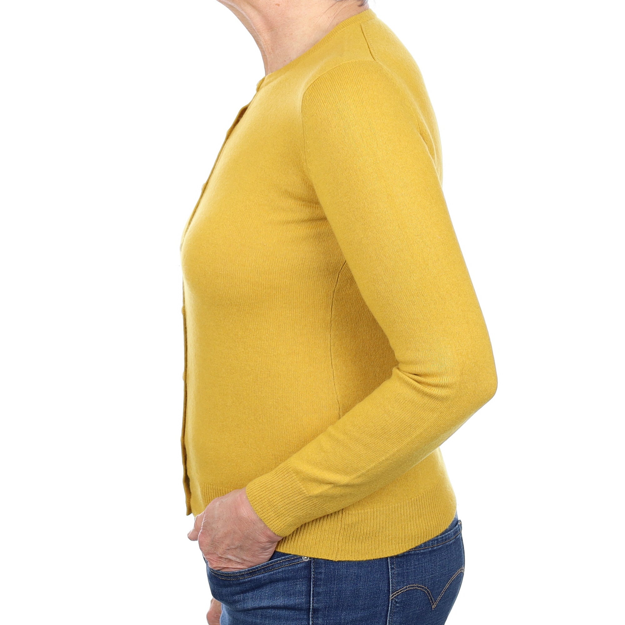 Deep Mustard Yellow Cashmere Crew Neck Cardigan Medium
