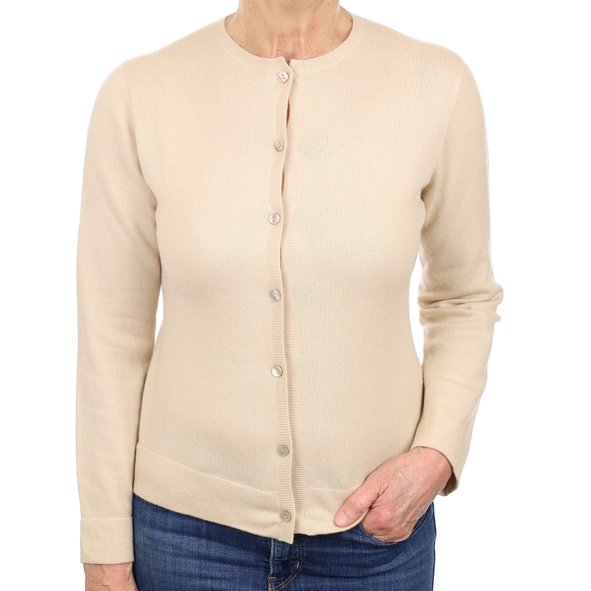 Sand Beige Cashmere Crew Neck Cardigan Medium
