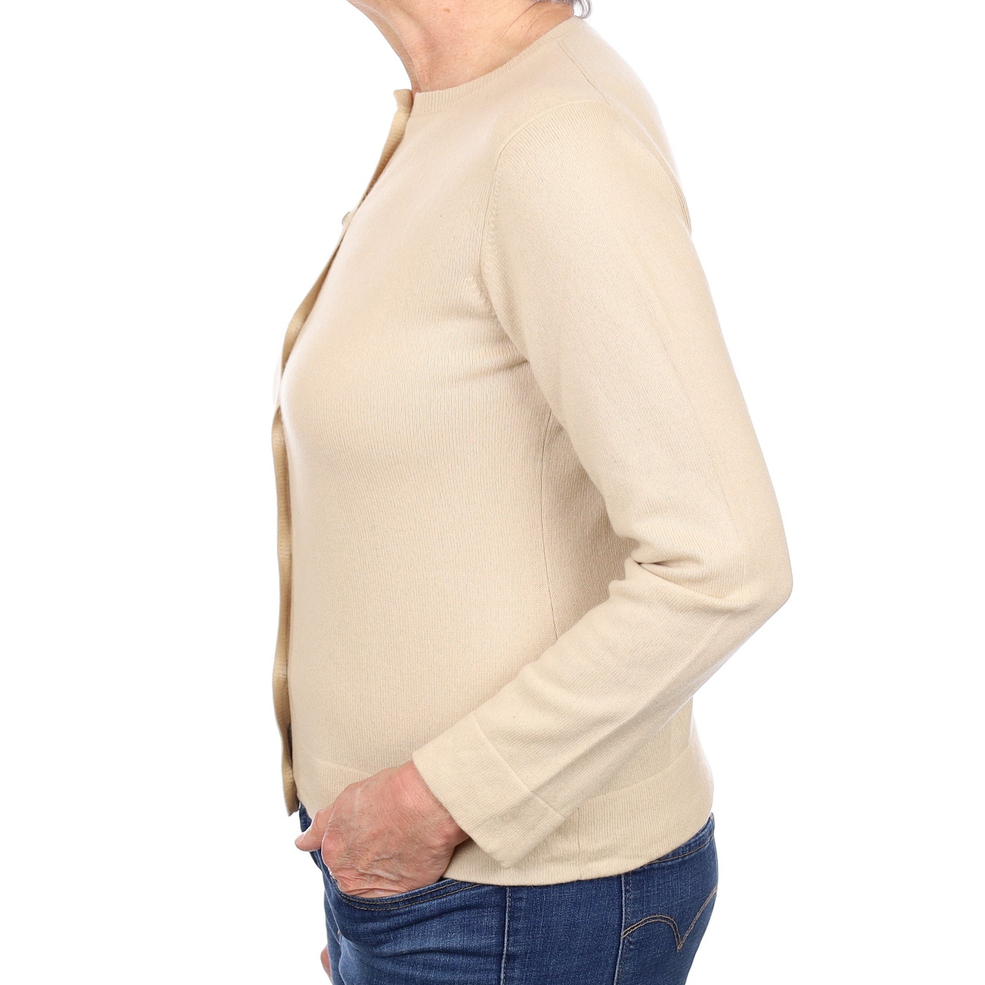 Sand Beige Cashmere Crew Neck Cardigan Medium