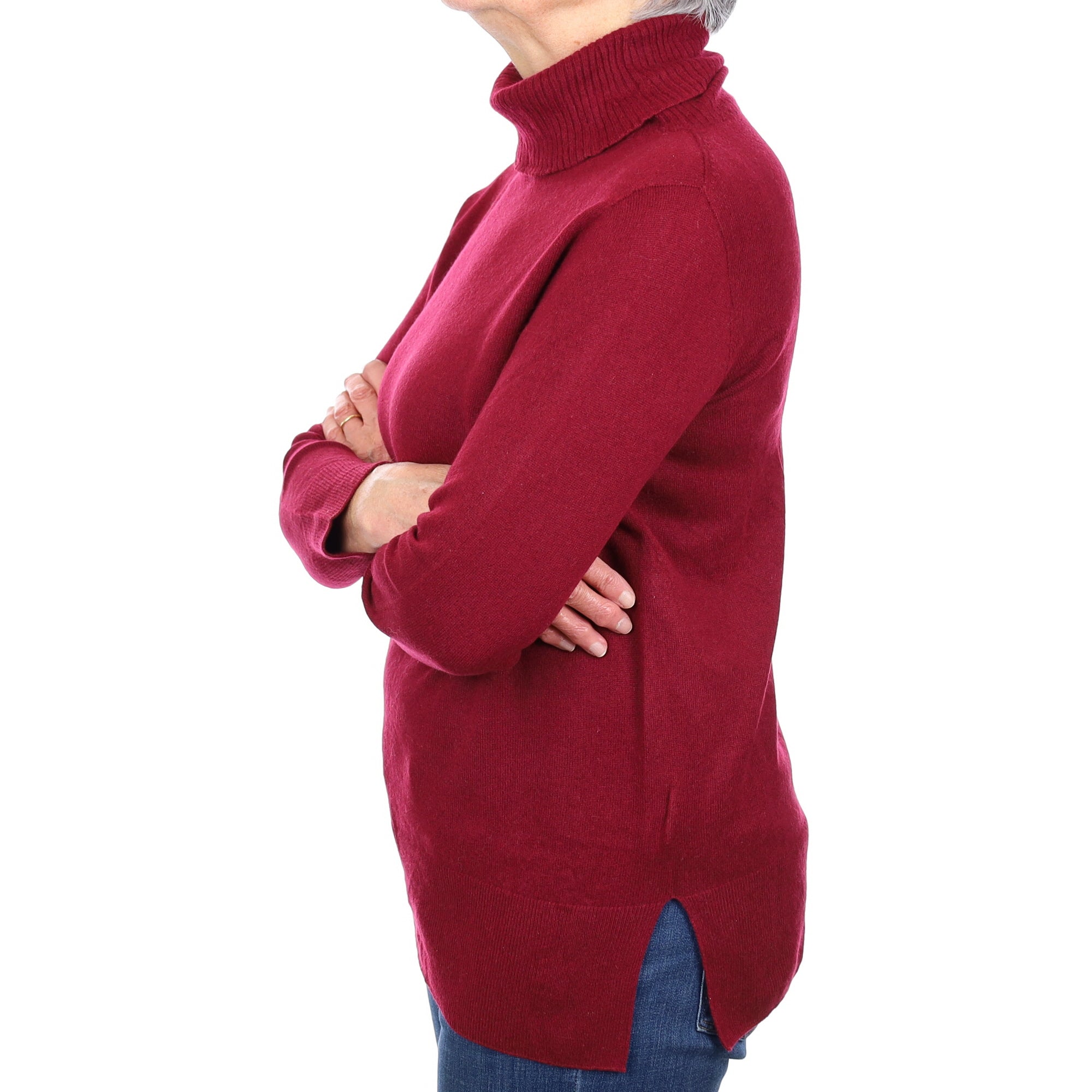 Garnet Red Cashmere Longline Polo Neck Jumper Medium