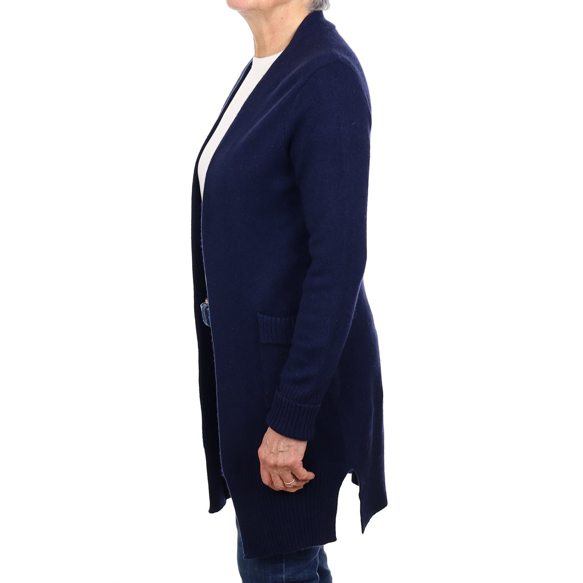 Navy Blue Cashmere Edge to Edge Cardigan with Pockets Medium