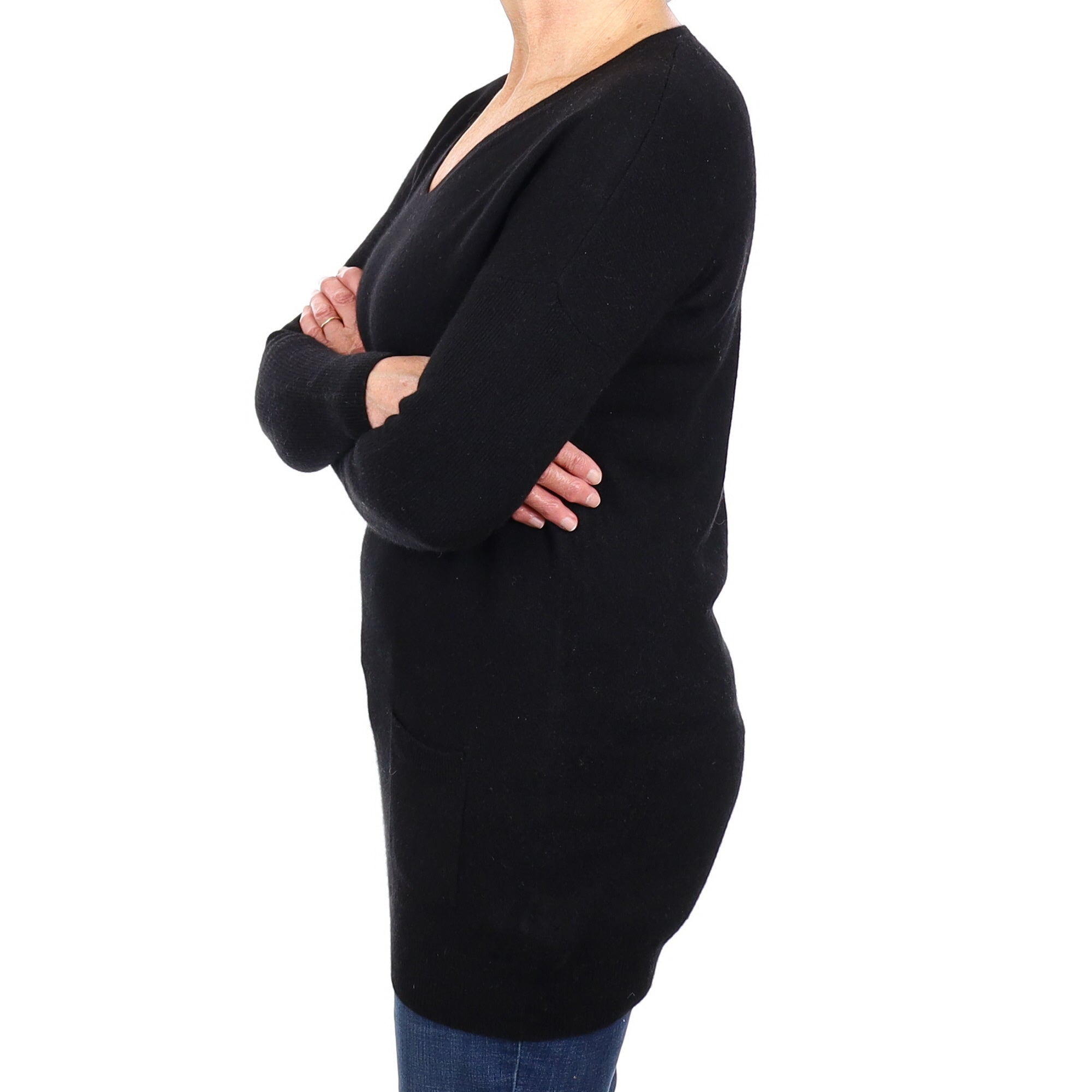 Black Cashmere Longline V Neck Jumper with Pockets Medium