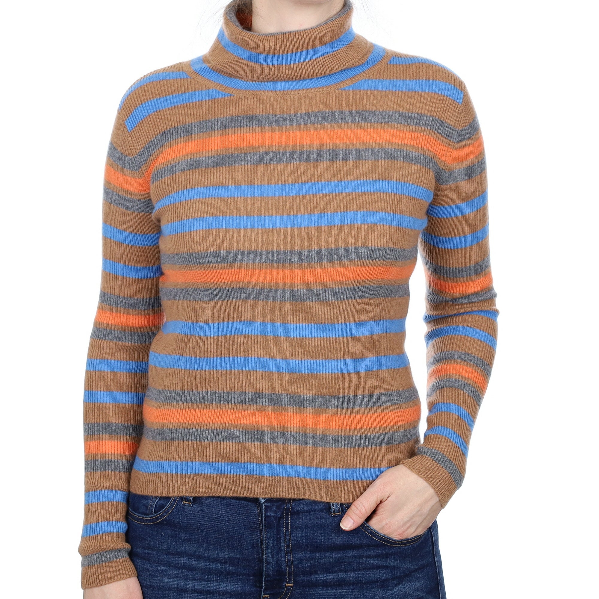 Toffee Blue and Orange Stripe Cashmere Polo Neck Jumper Small