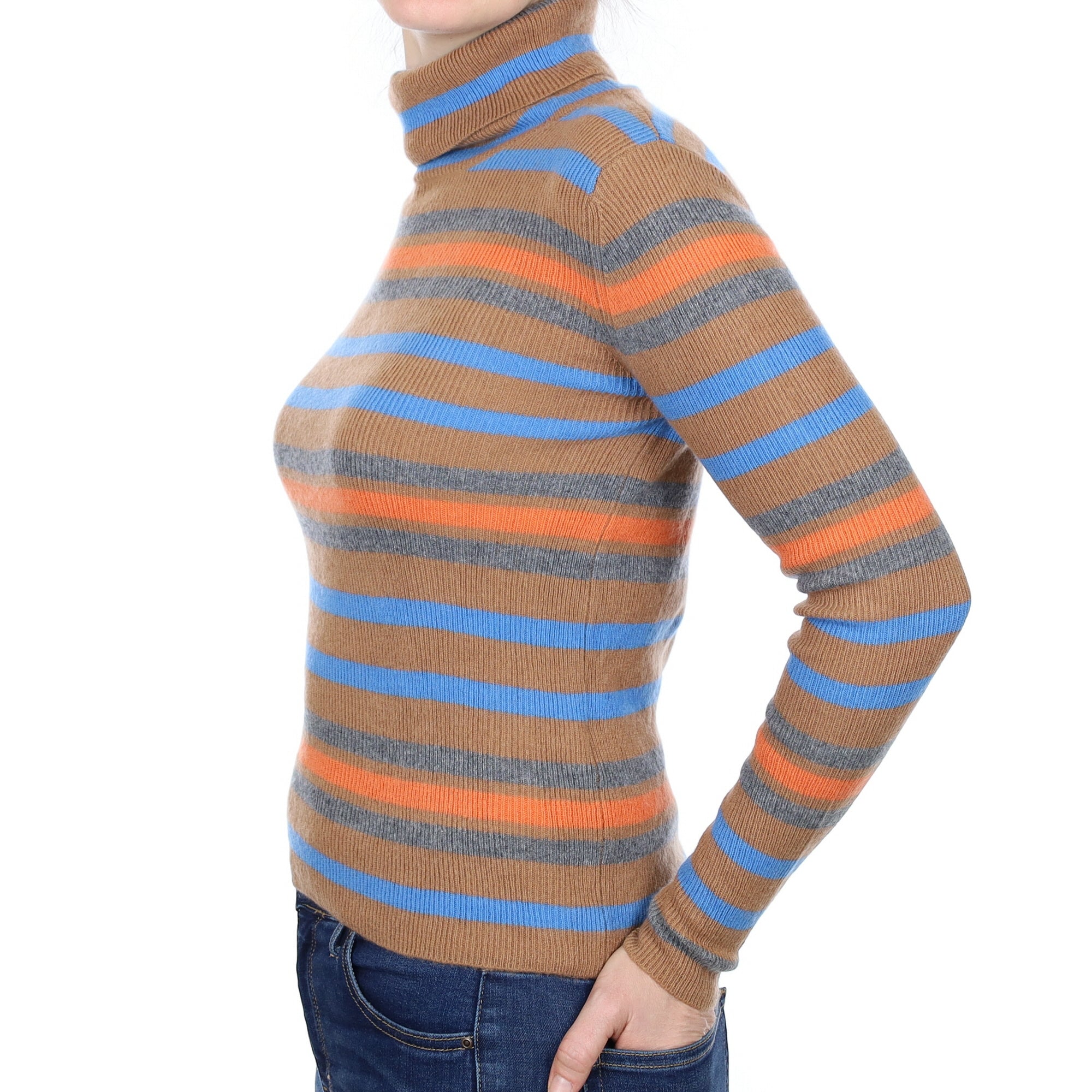 Toffee Blue and Orange Stripe Cashmere Polo Neck Jumper Small