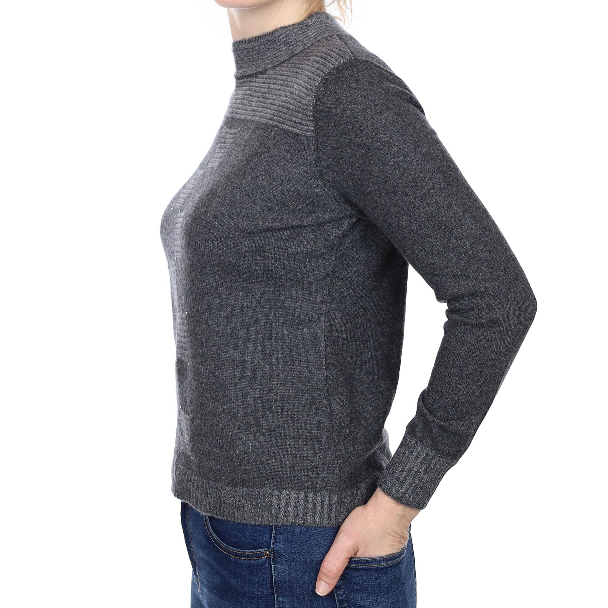Slate Grey Patterned Cashmere Turtleneck Jumper Small