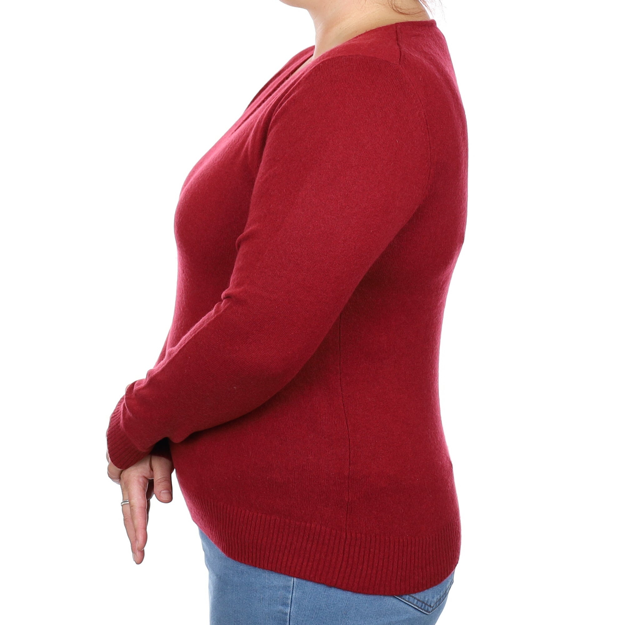 Burgundy Red Cashmere V Neck Jumper Large