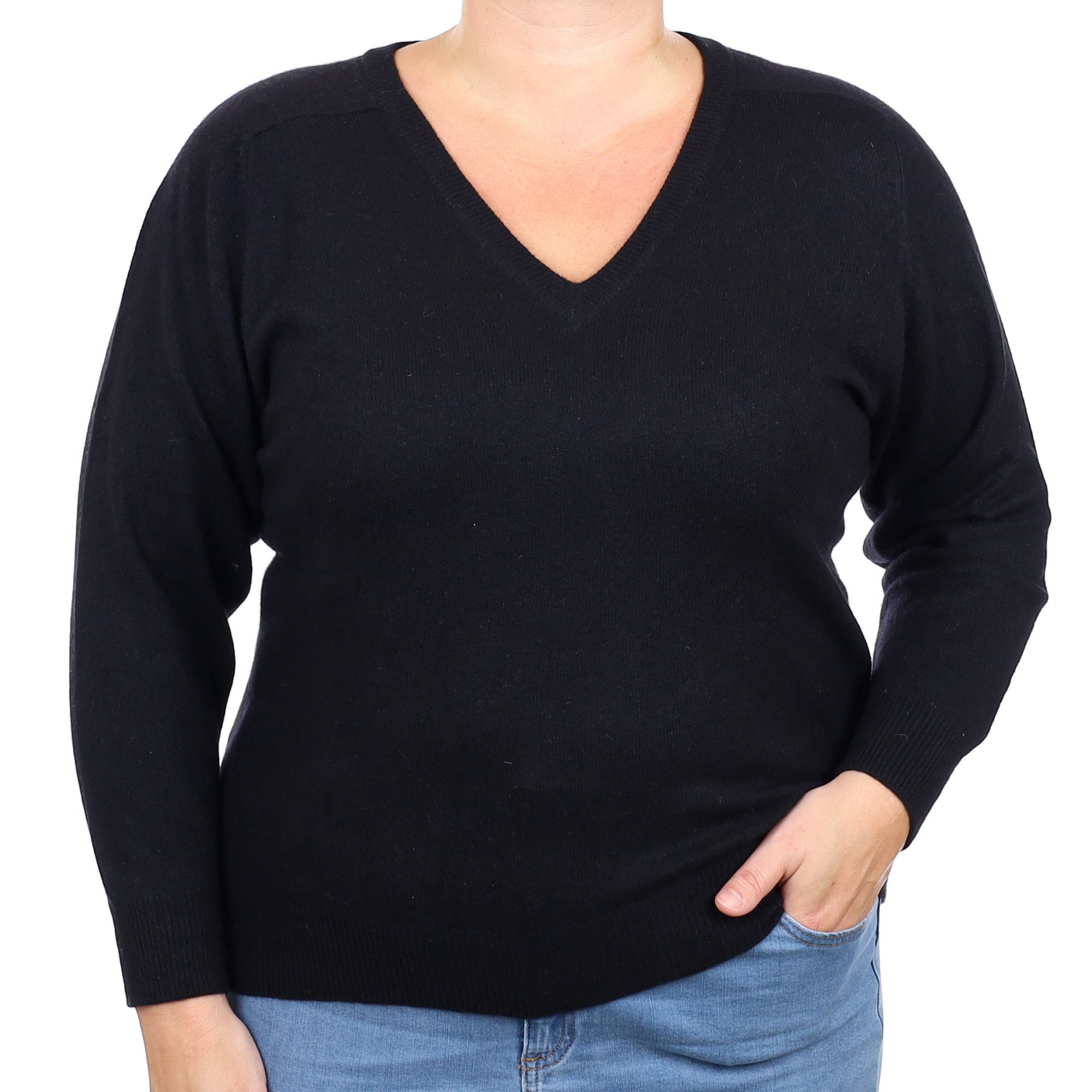 Black Cashmere V Neck Jumper Large