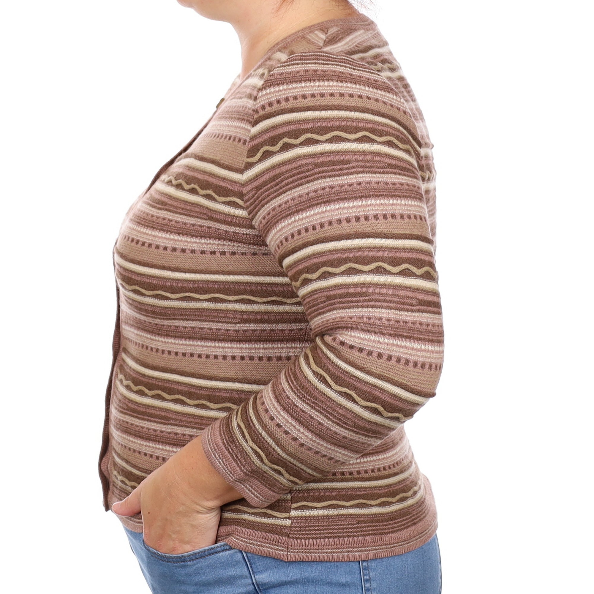 Puce Stripe Pattern Cashmere Crew Neck Cardigan Large