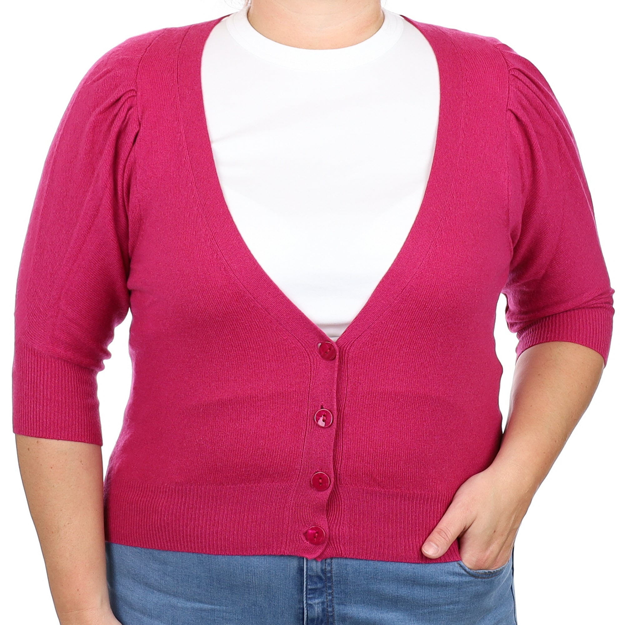 Fuchsia Pink Cashmere 3/4 Sleeve V Neck Cardigan Large