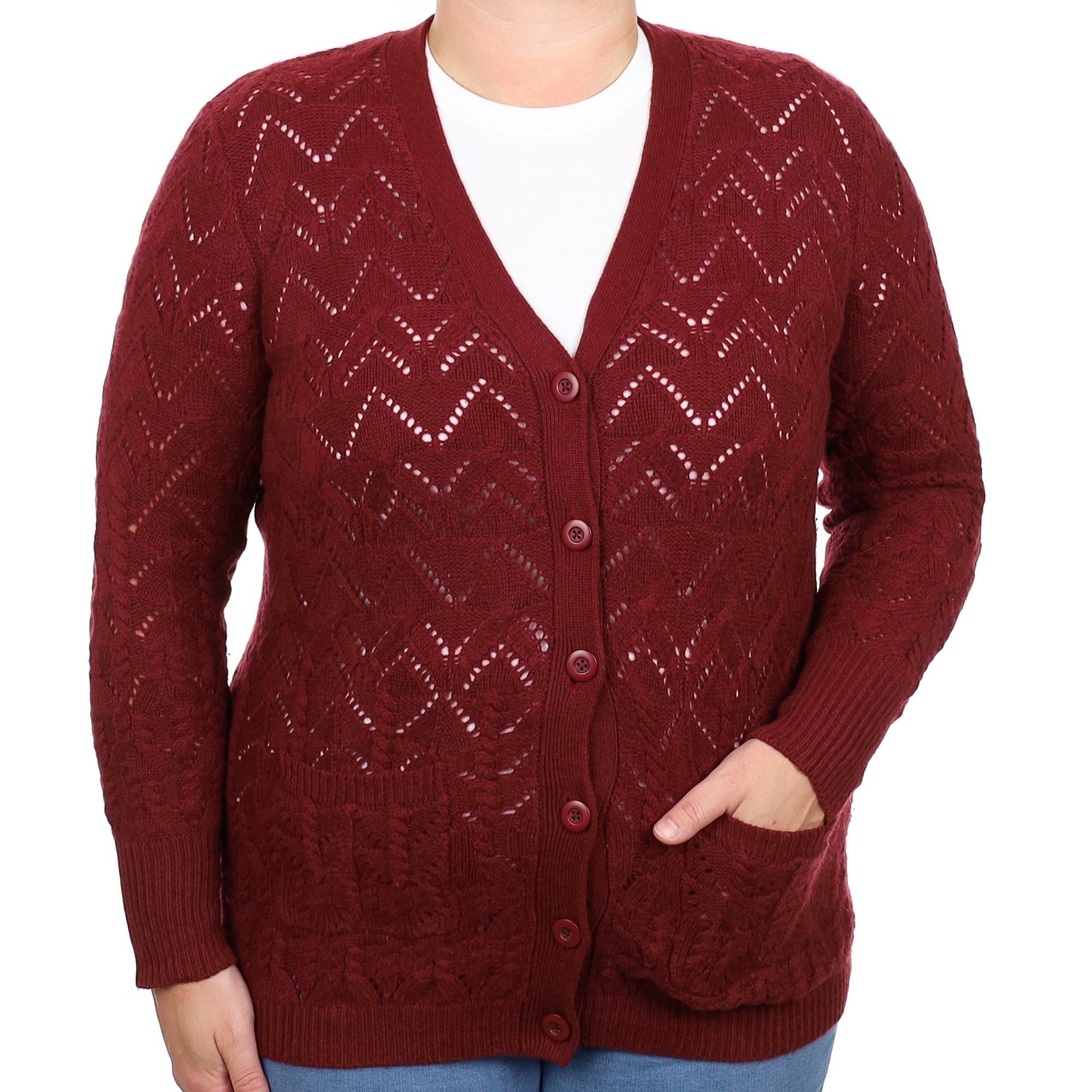 Burgundy Red Lace Knit Cashmere V Neck Cardigan Large