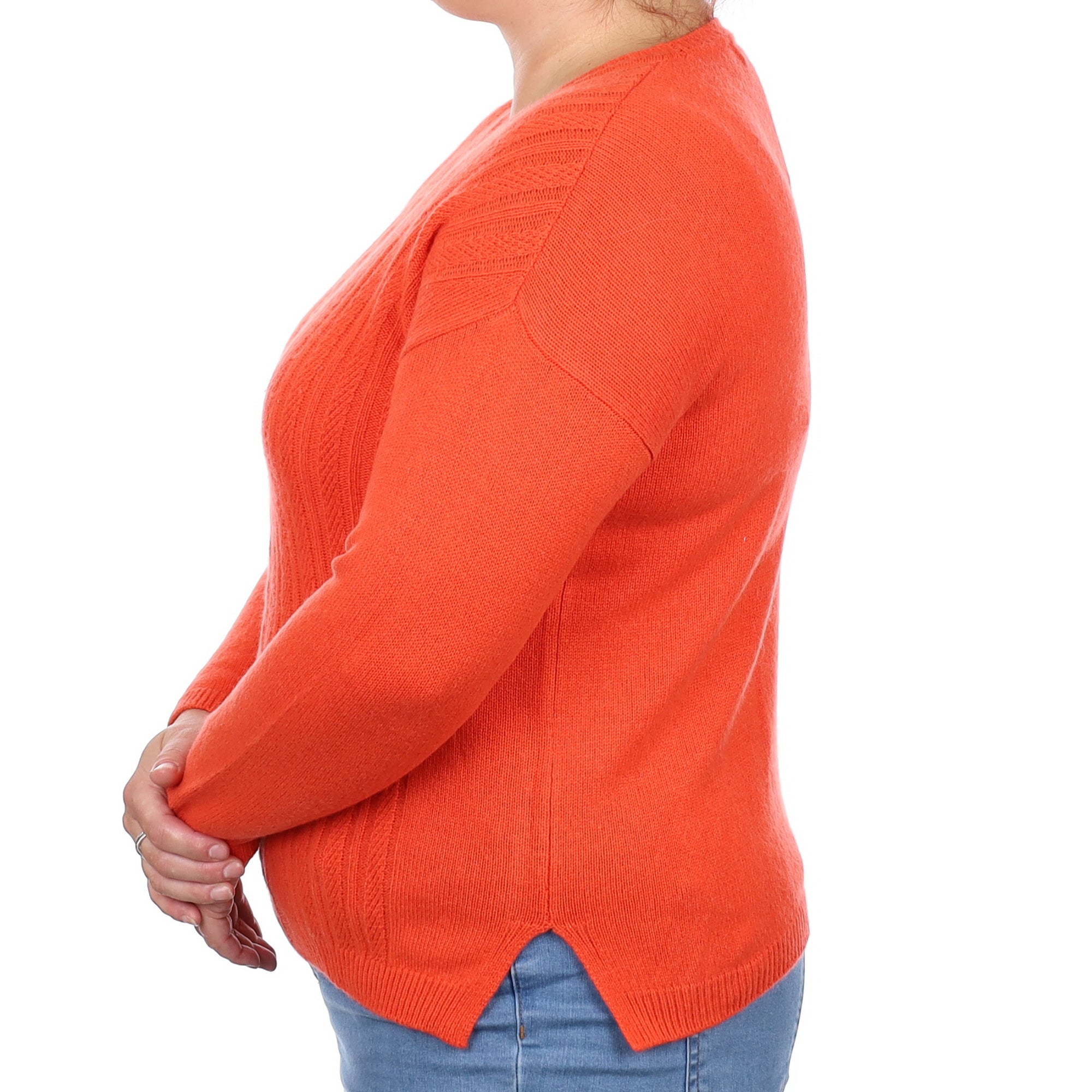 Fiery Orange Textured Cashmere Crew Neck Jumper Large