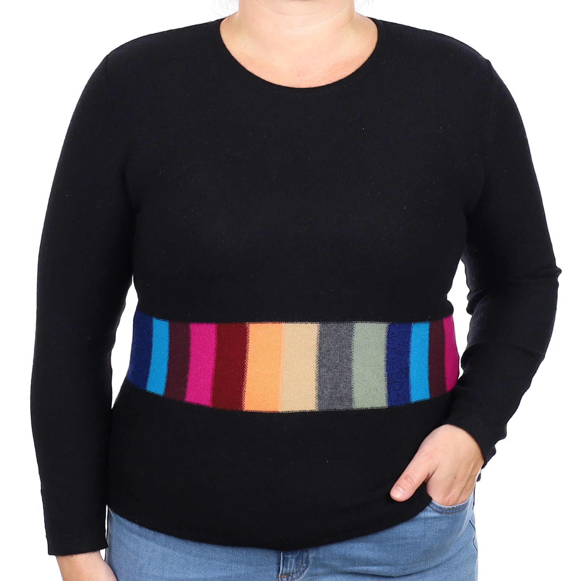 Black Colourful Stripe Cashmere Crew Neck Jumper Large