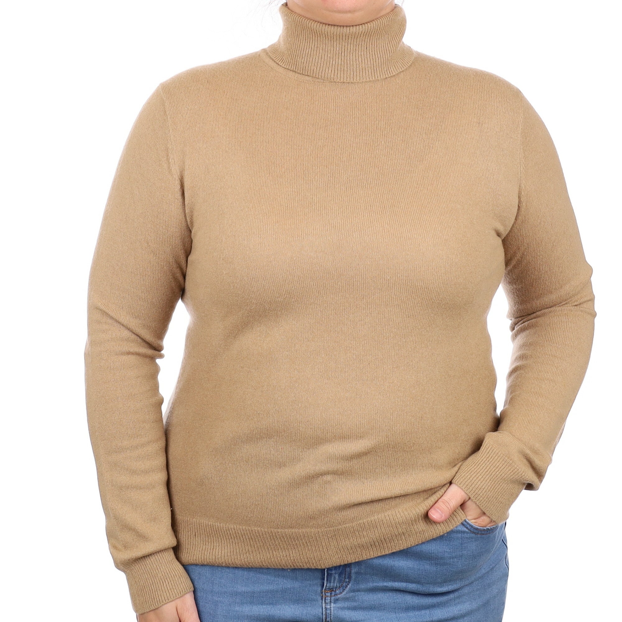 Camel Brown Cashmere Polo Neck Jumper Large