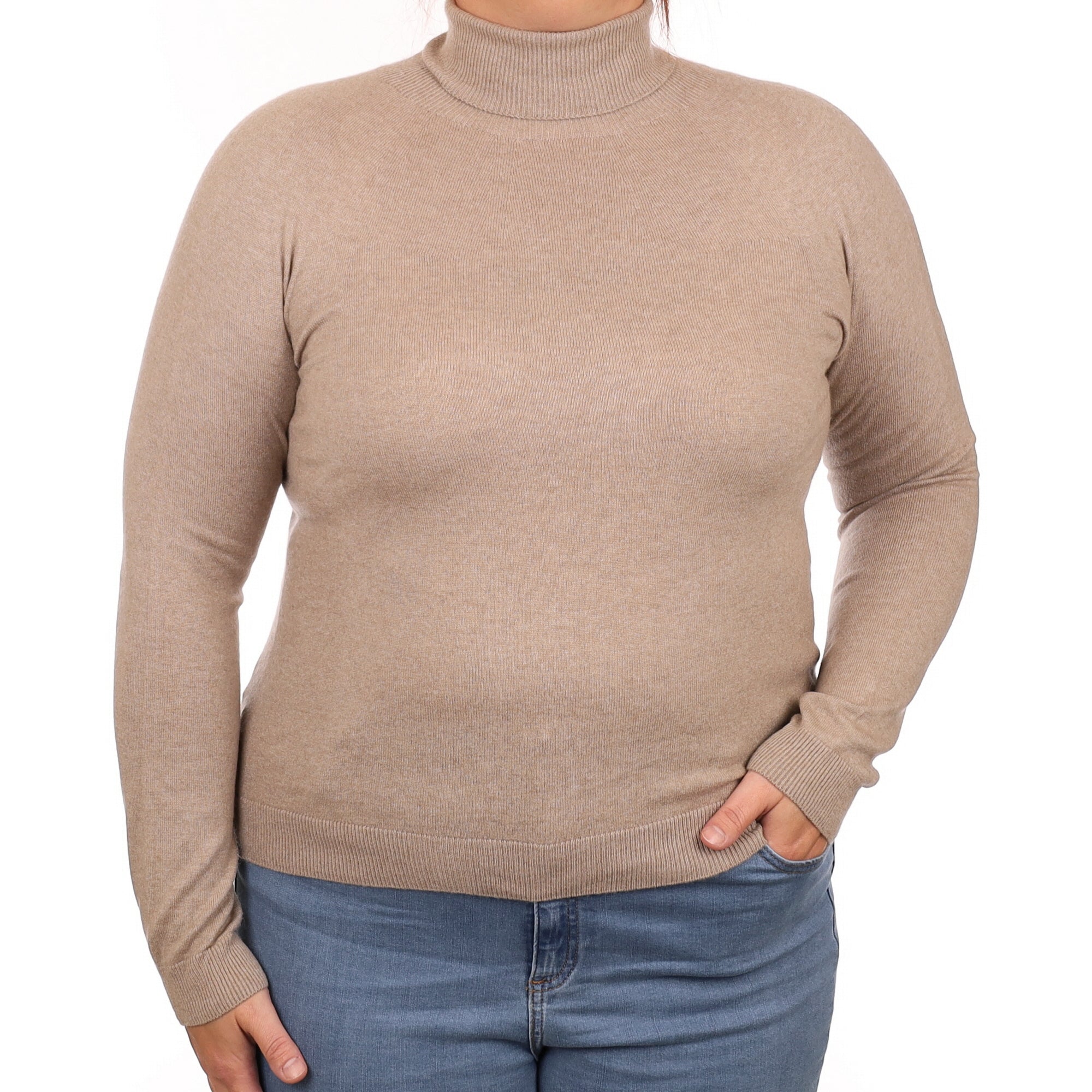 Fawn Beige Cashmere Polo Neck Jumper Large