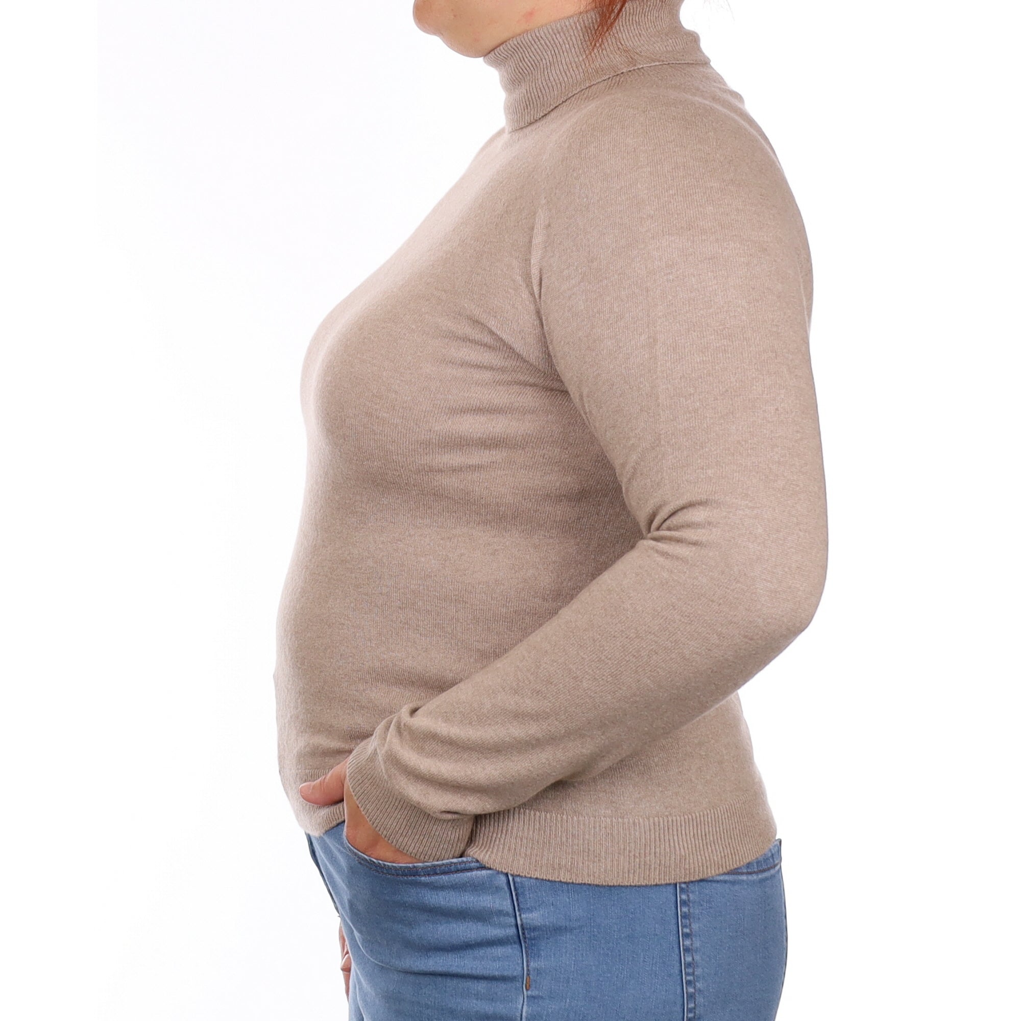 Fawn Beige Cashmere Polo Neck Jumper Large