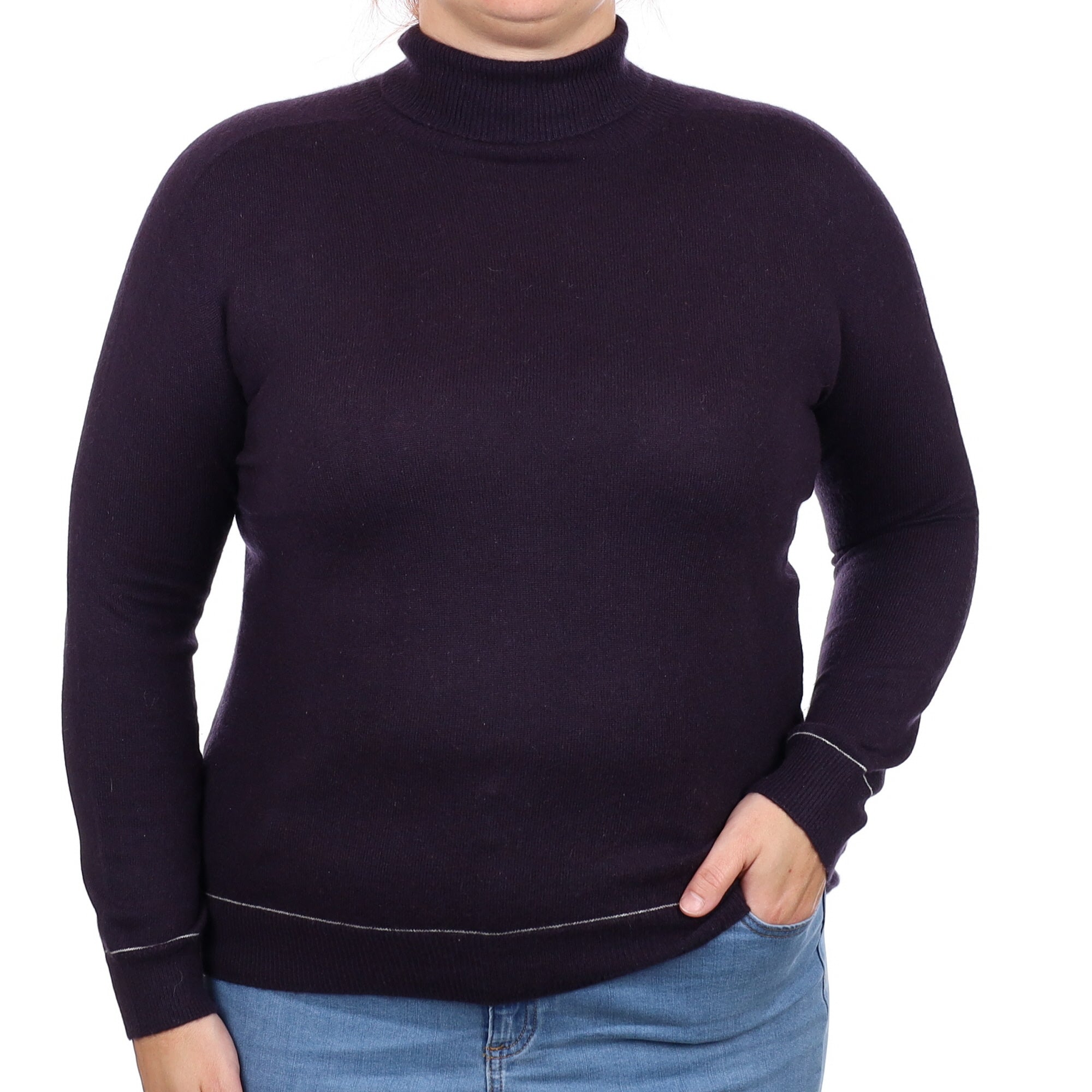 Dark Navy White Trim Cashmere Polo Neck Jumper Large