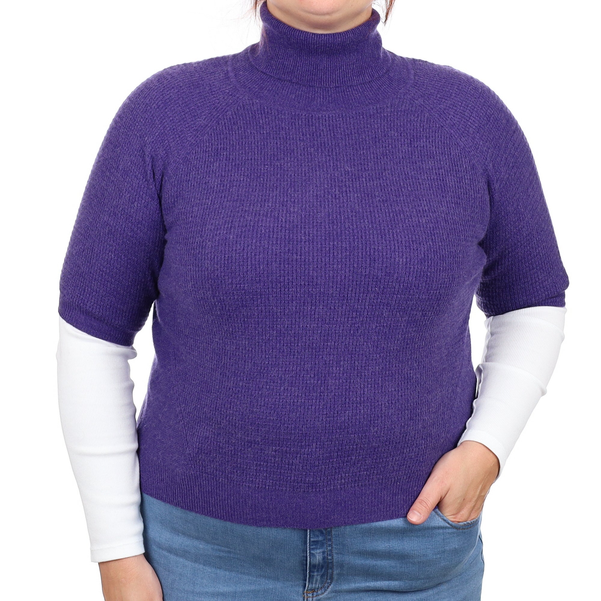 Amethyst Purple Cashmere Short Sleeved Polo Neck Jumper Large