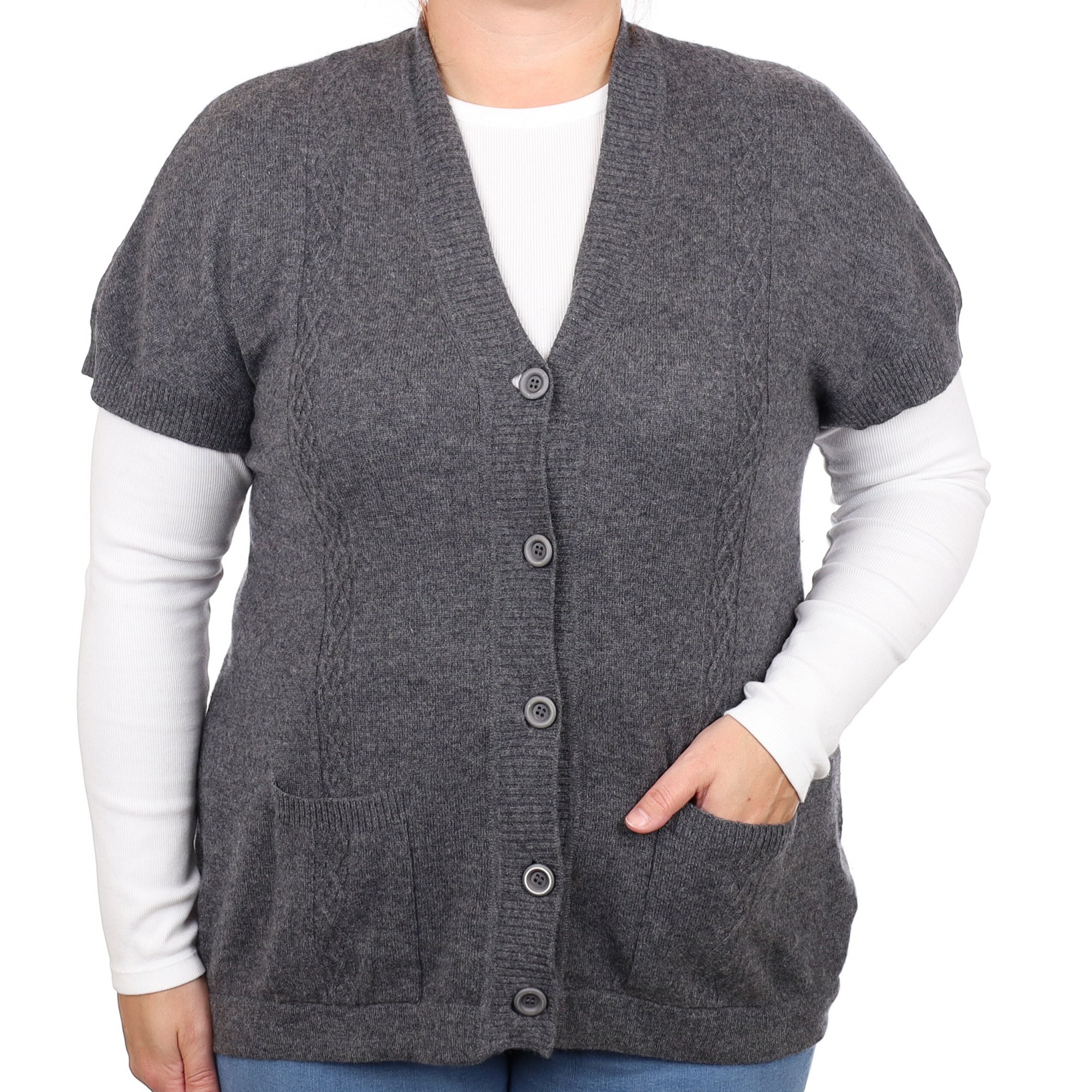 Slate Grey Cashmere Short Sleeved V Neck Cardigan with Pockets Large