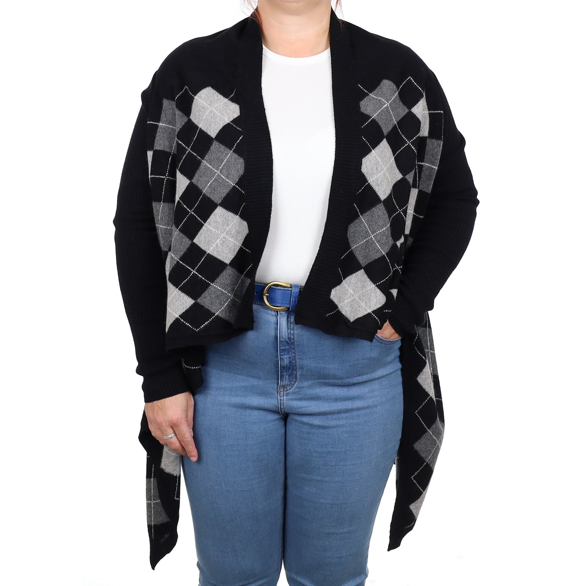 Black and Grey Argyle Cashmere Waterfall Cardigan Large