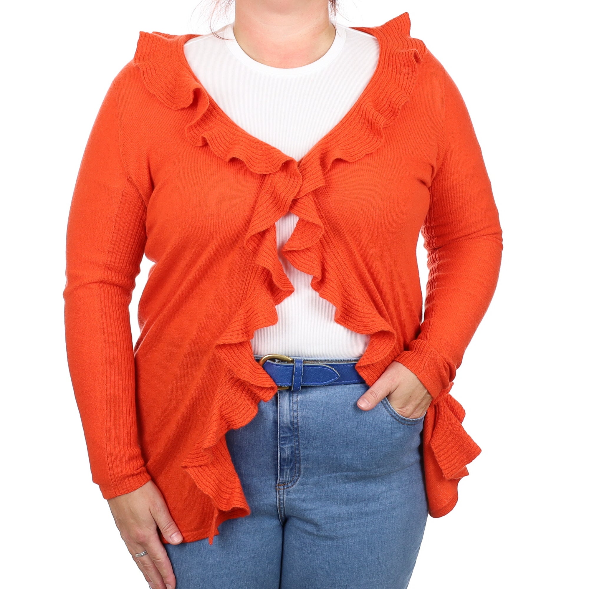 Tangerine Orange Cashmere Frill Trim Cardigan Large