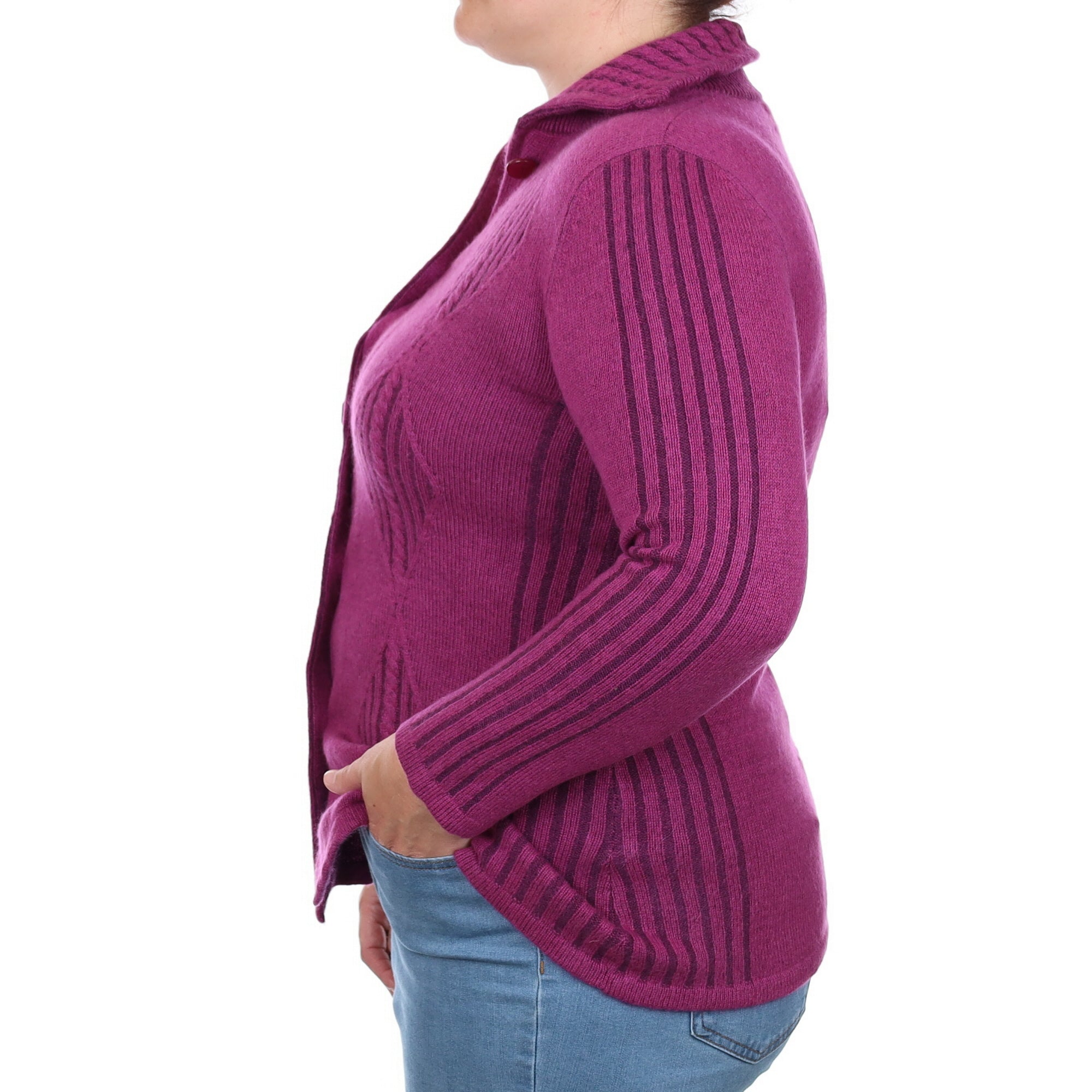 Magenta Purple Textured Cashmere Collared Cardigan Large