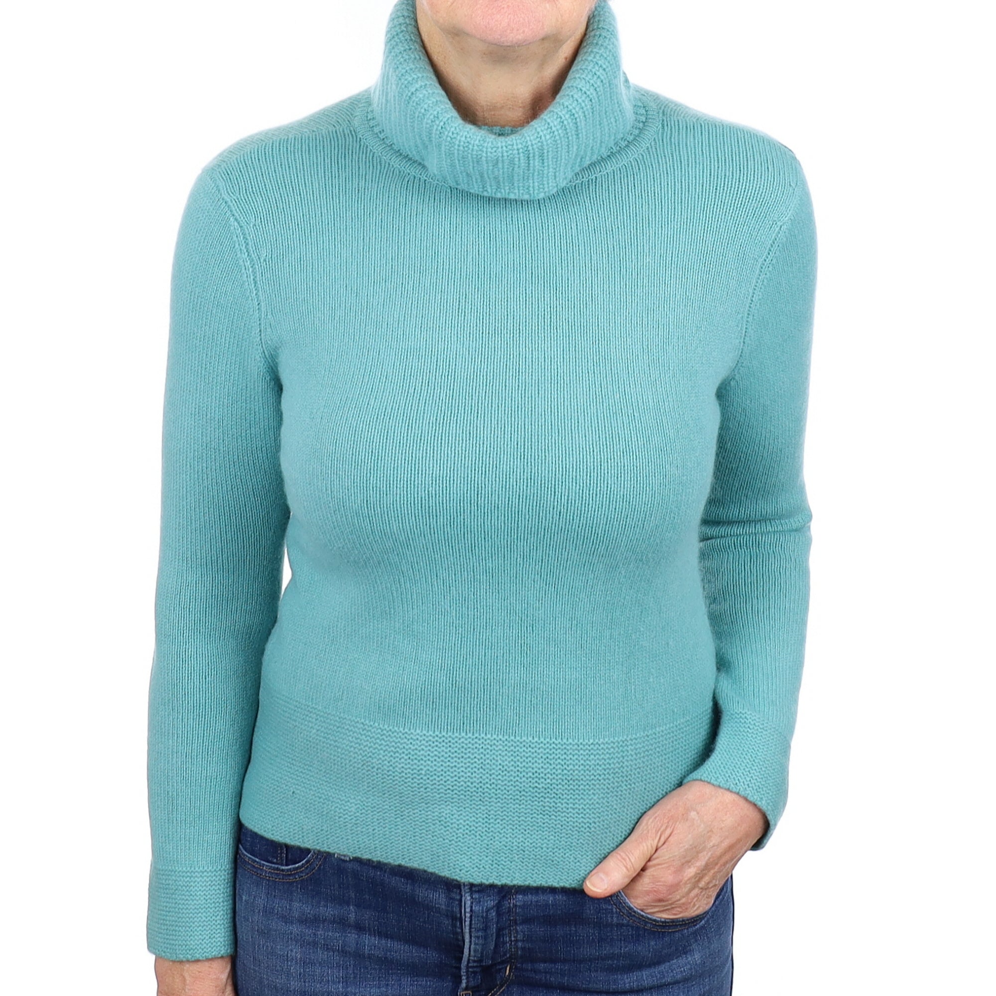 Sea Foam Green Chunky Knit Cashmere Polo Neck Jumper Medium