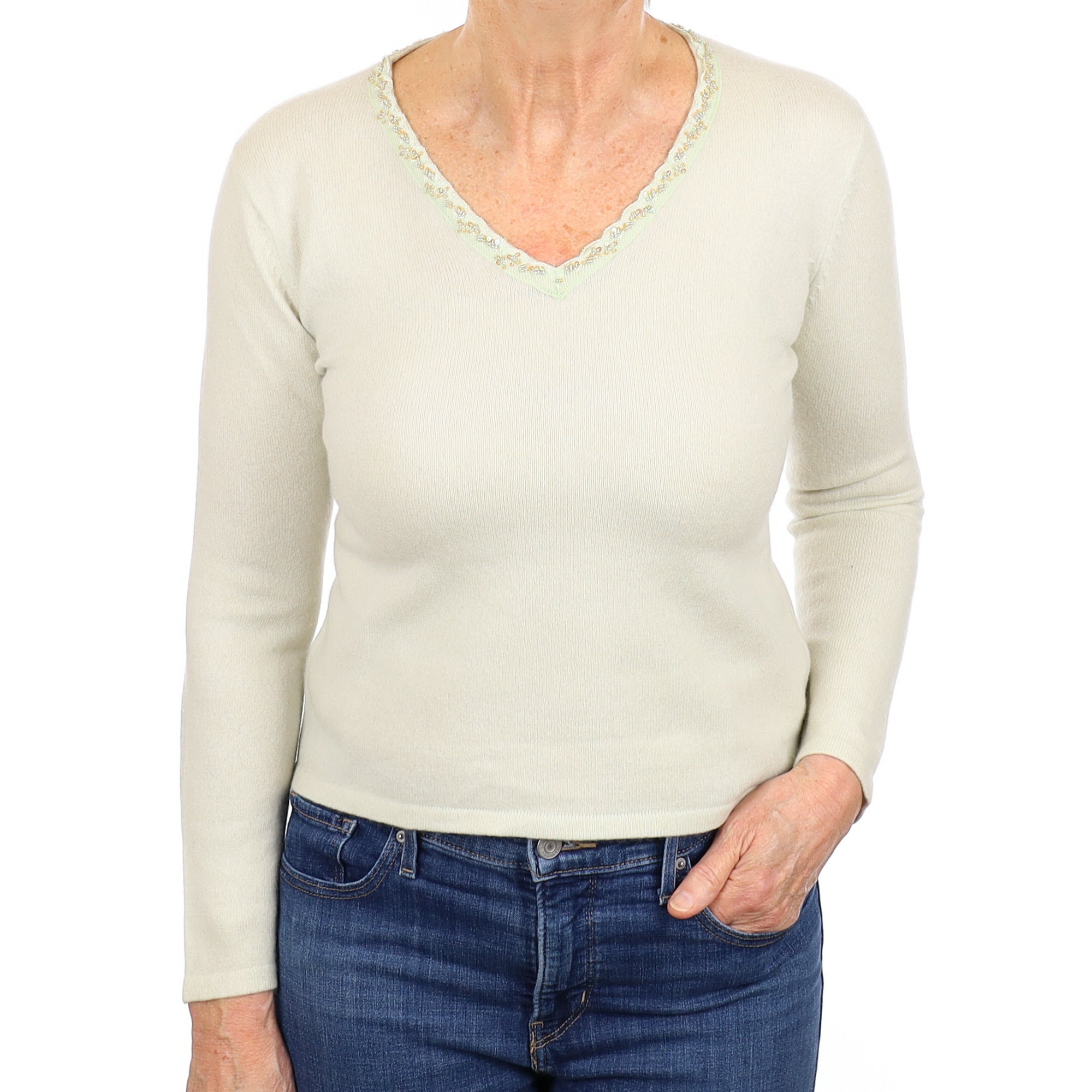 Chicory Green Cashmere V Neck with Beaded Neckline Jumper Medium