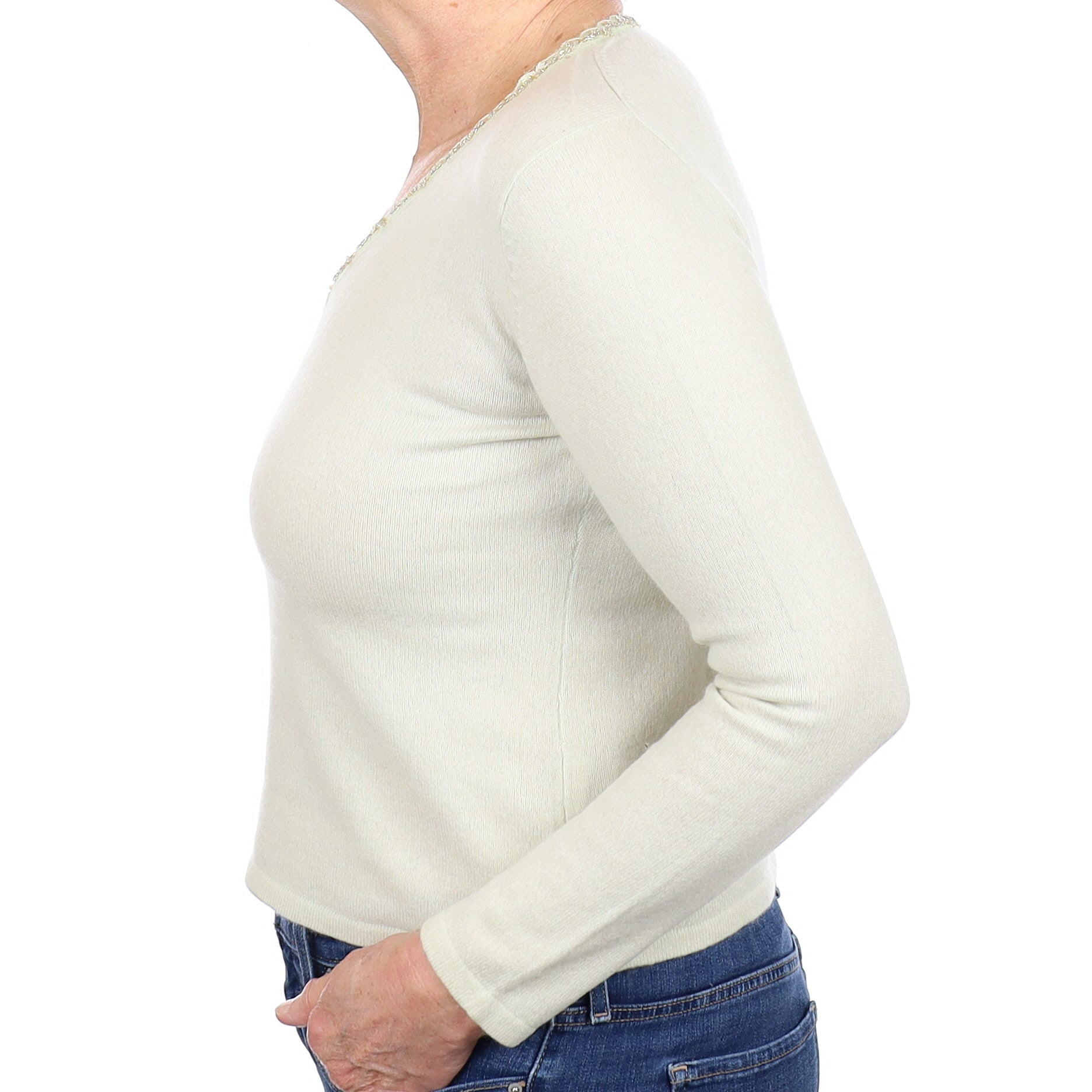 Chicory Green Cashmere V Neck with Beaded Neckline Jumper Medium