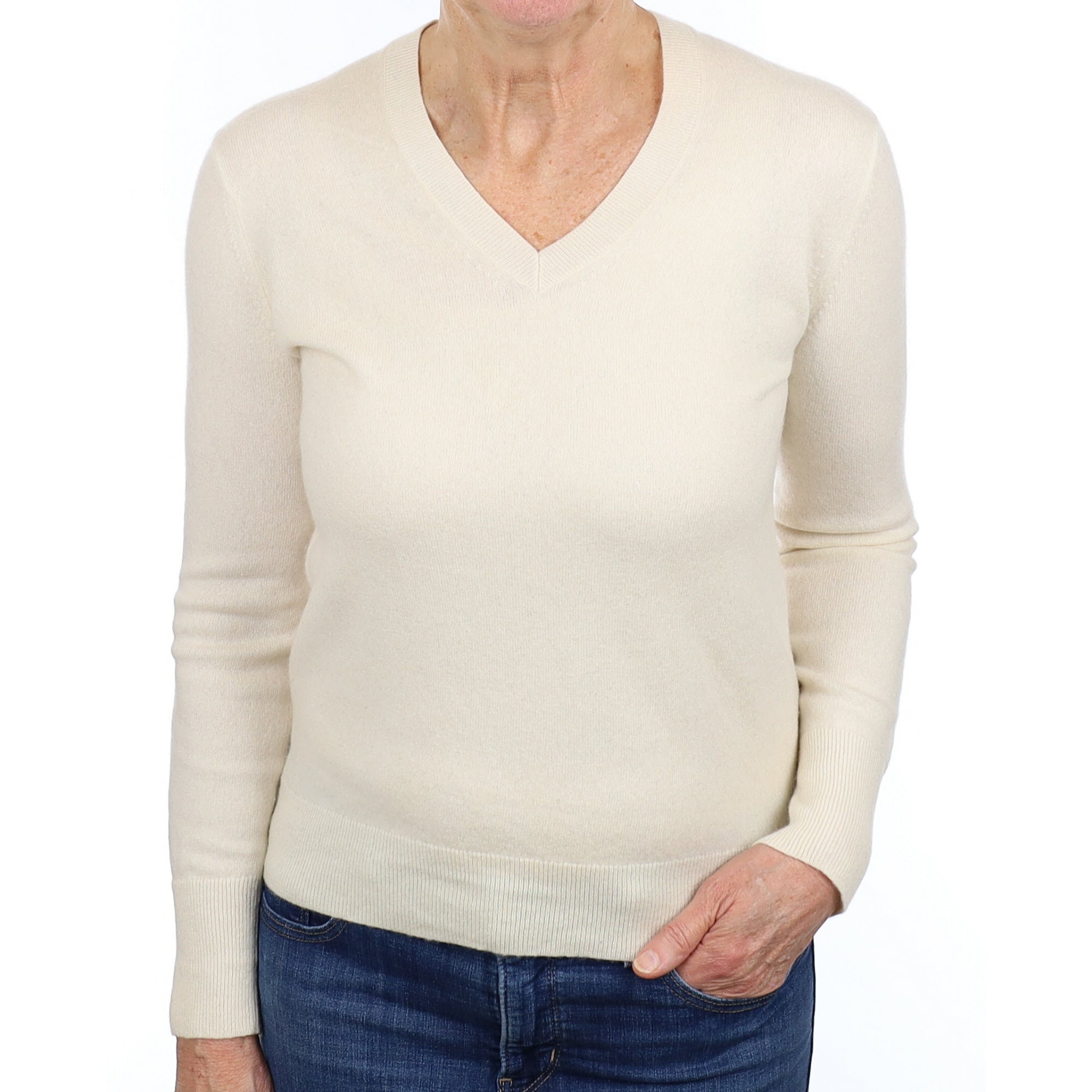 Vanilla Cream Cashmere V Neck Jumper Medium