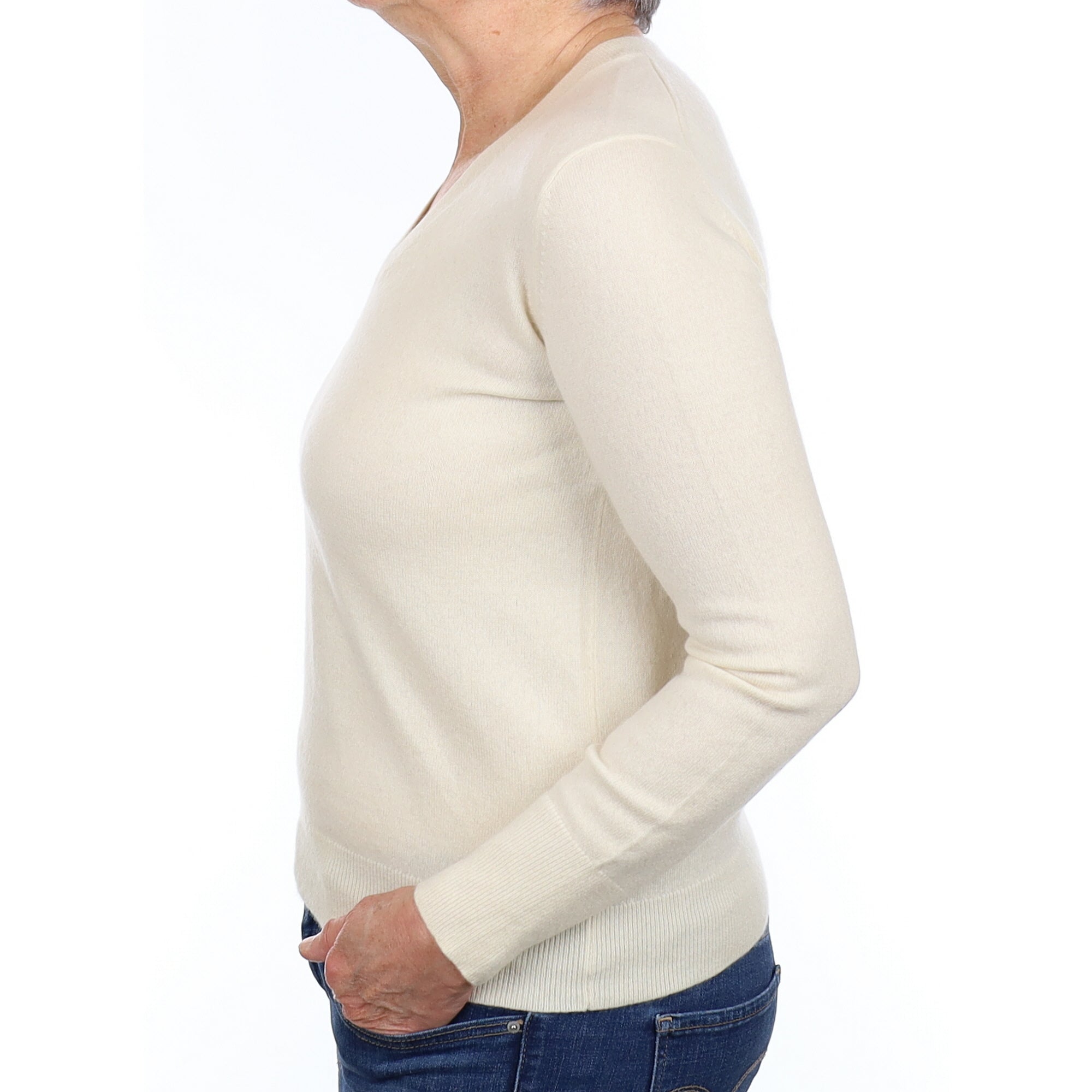 Vanilla Cream Cashmere V Neck Jumper Medium
