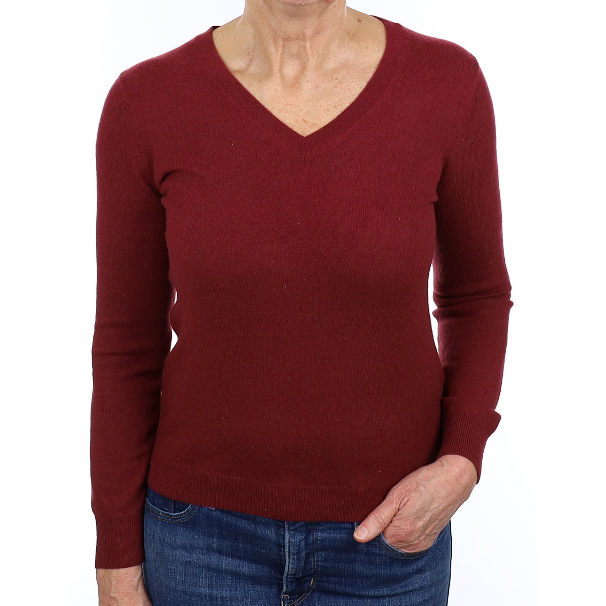 Wine Red Cashmere V Neck Jumper Medium