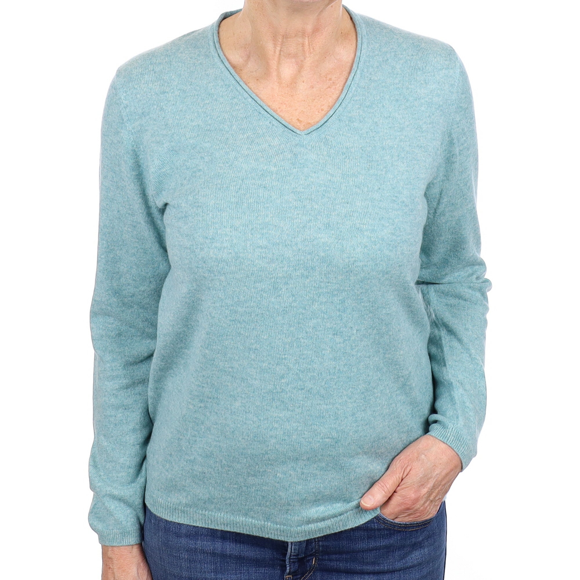 Aqua Marl Cashmere V Neck Jumper Medium