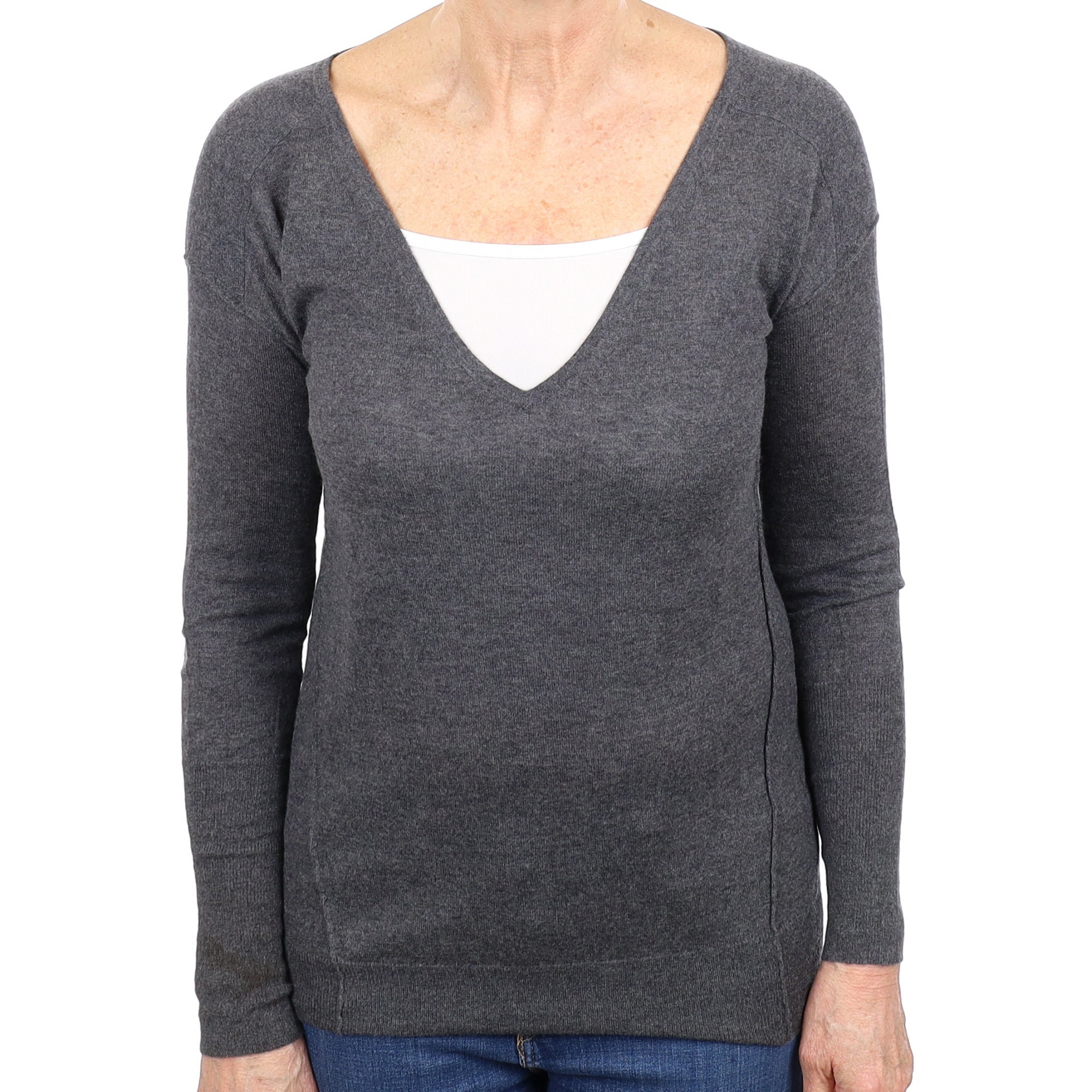 Charcoal Grey Cashmere V Neck Jumper Medium