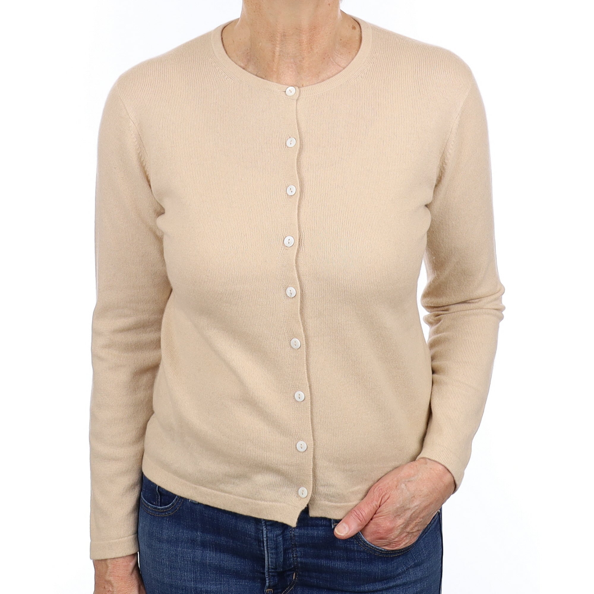 Sand Beige Cashmere Crew Neck Cardigan Medium